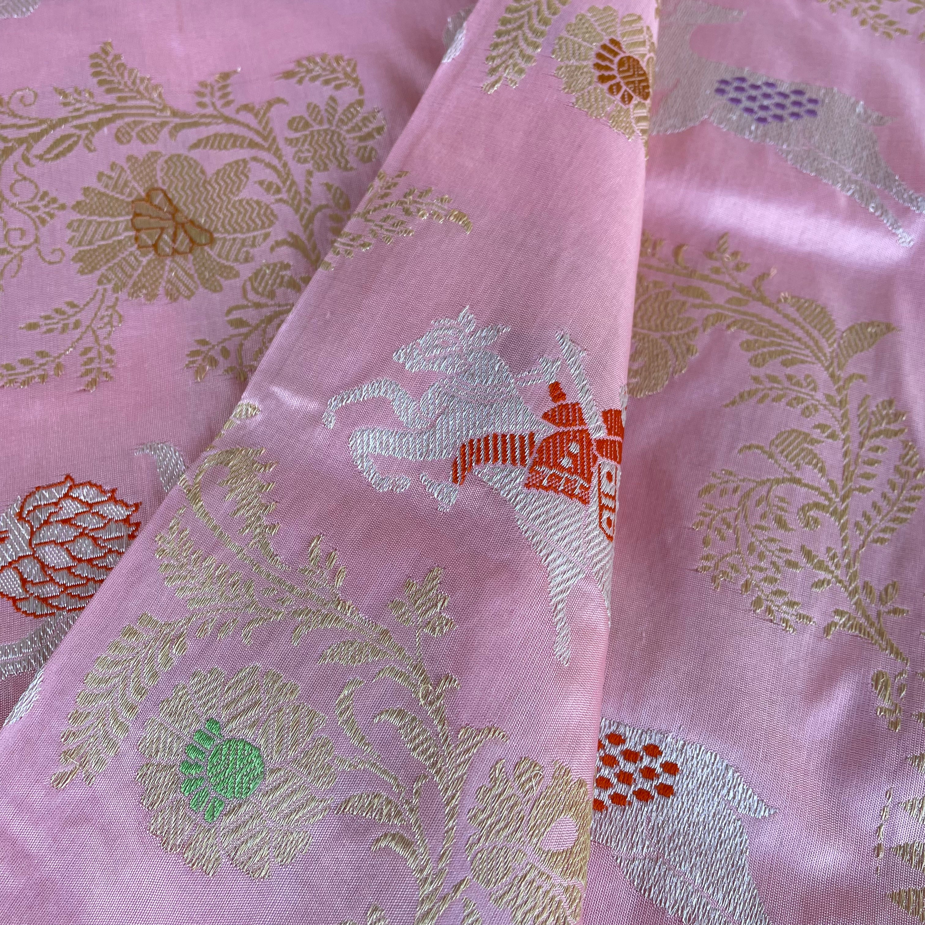 Cupid Pink Handloom Banarasi Pure Katan Silk Kadwa Shikargah Saree - Khinkhwab