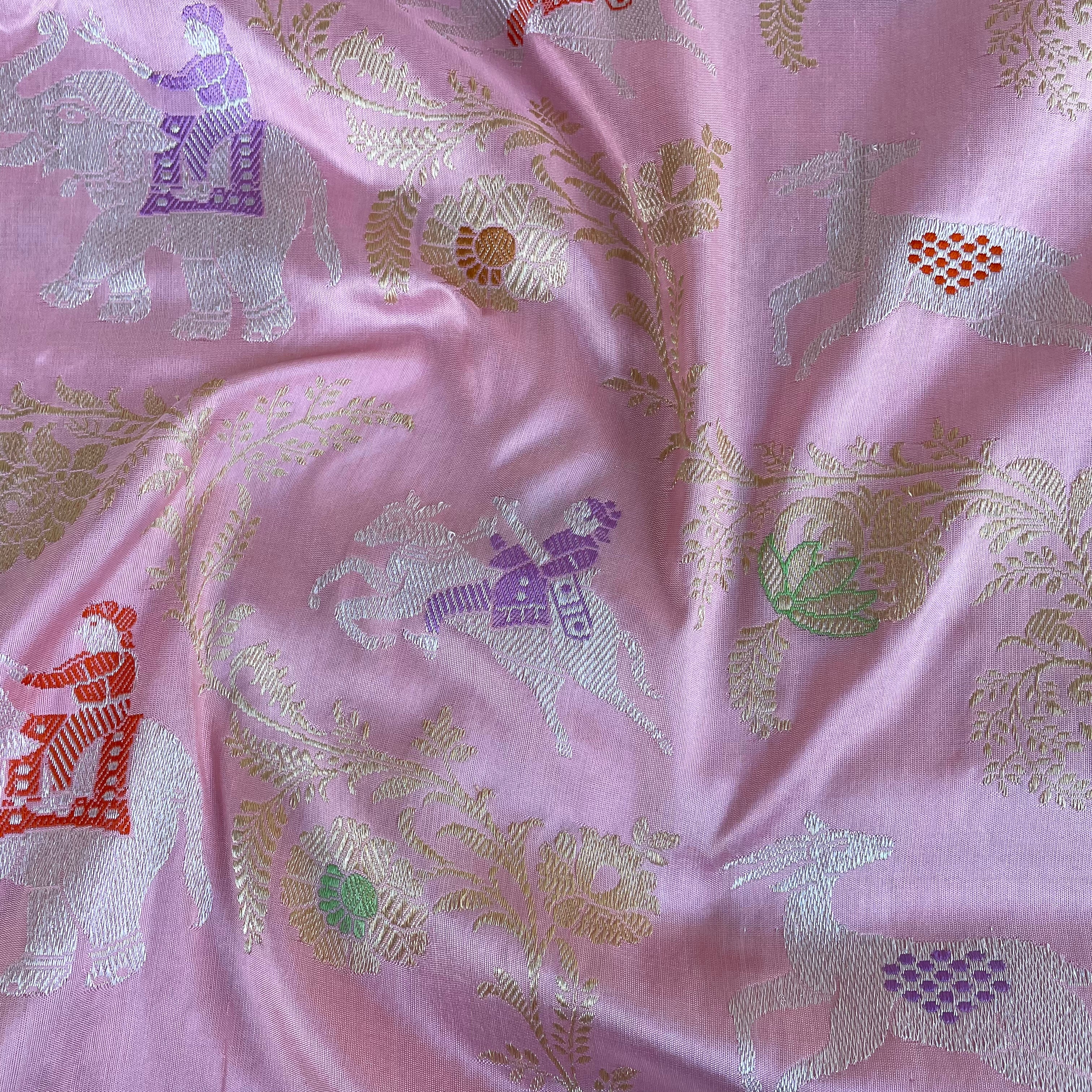 Cupid Pink Handloom Banarasi Pure Katan Silk Kadwa Shikargah Saree - Khinkhwab