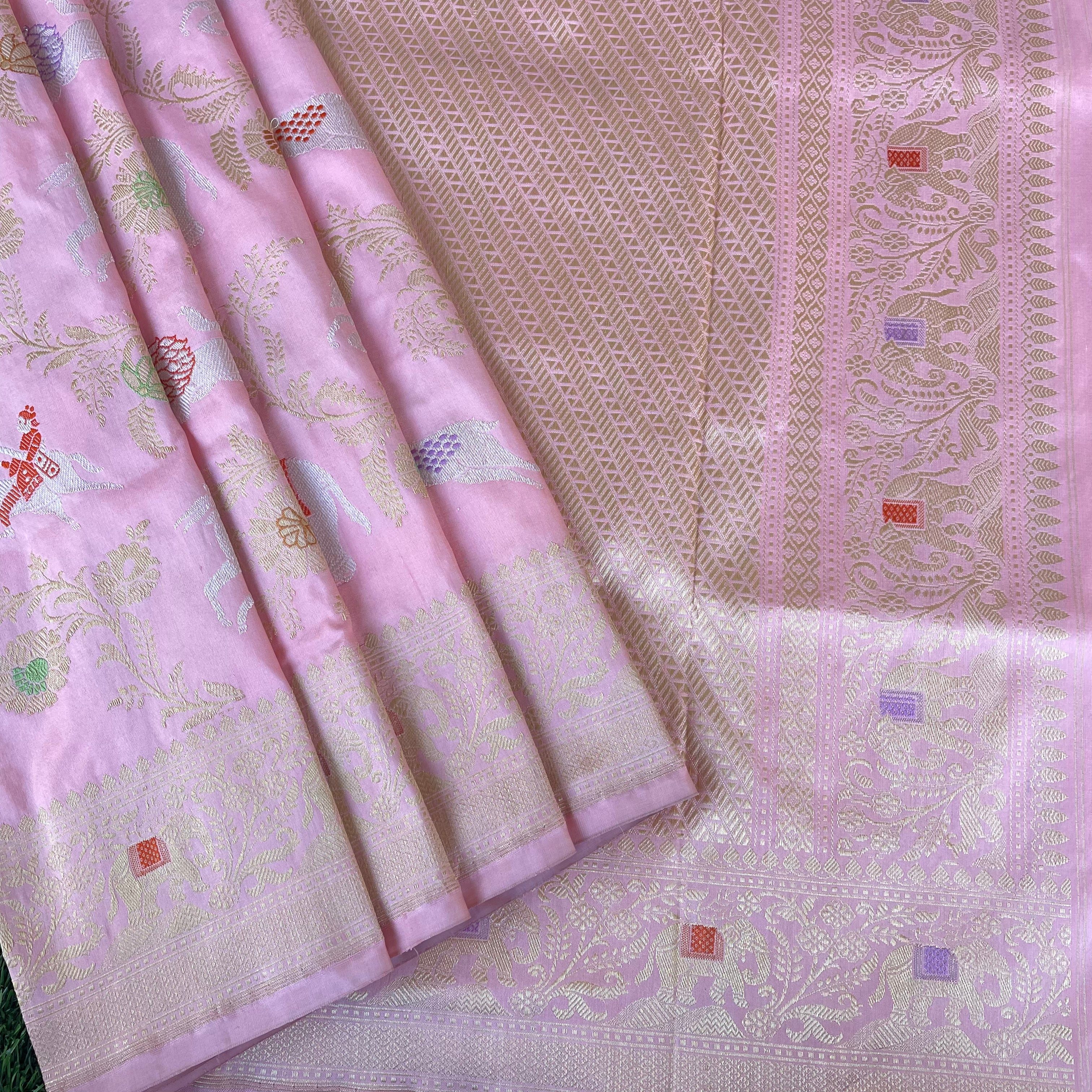 Cupid Pink Handloom Banarasi Pure Katan Silk Kadwa Shikargah Saree - Khinkhwab