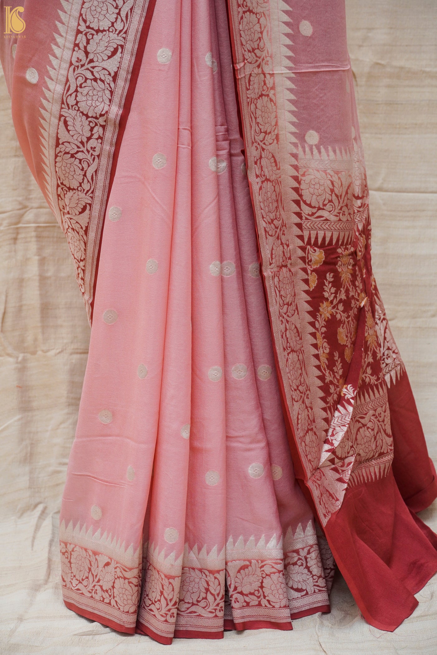 Pink Pure Georgette Handloom Banarasi Ashrafi Boota Saree - Khinkhwab