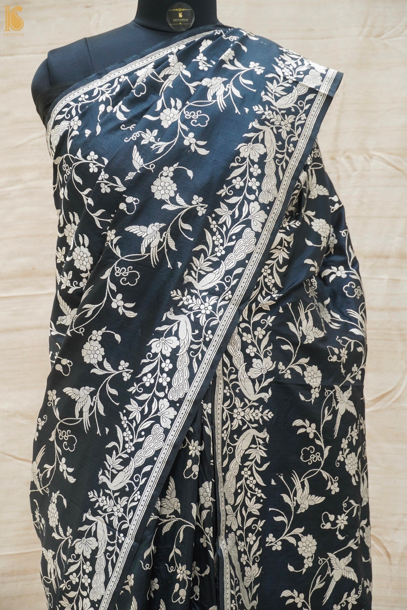 Black Pure Katan Silk Handwoven Banarasi Bird Saree - Khinkhwab