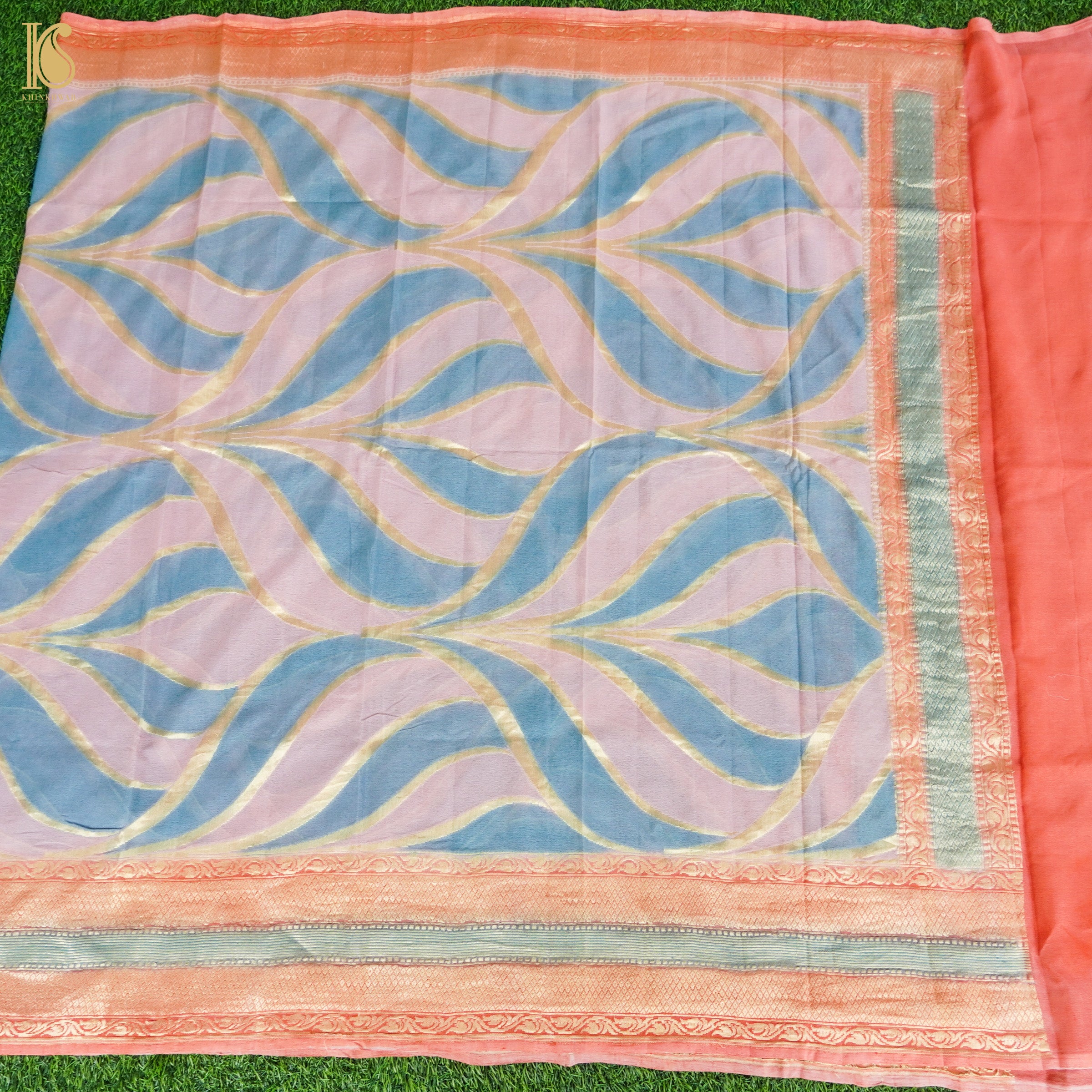Shilo Pink & Blue Georgette Handloom Banarasi Dupatta - Khinkhwab
