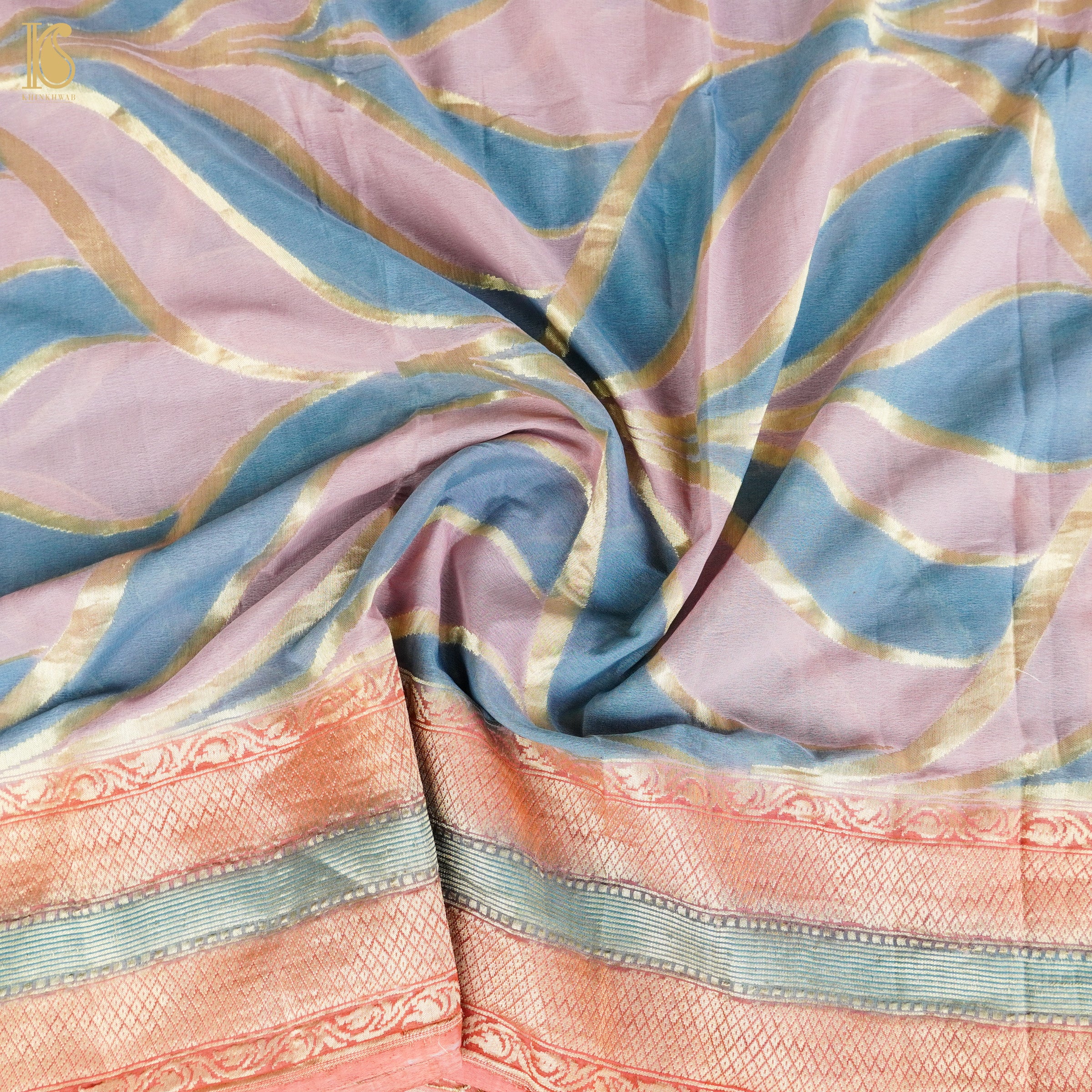 Shilo Pink & Blue Georgette Handloom Banarasi Dupatta - Khinkhwab