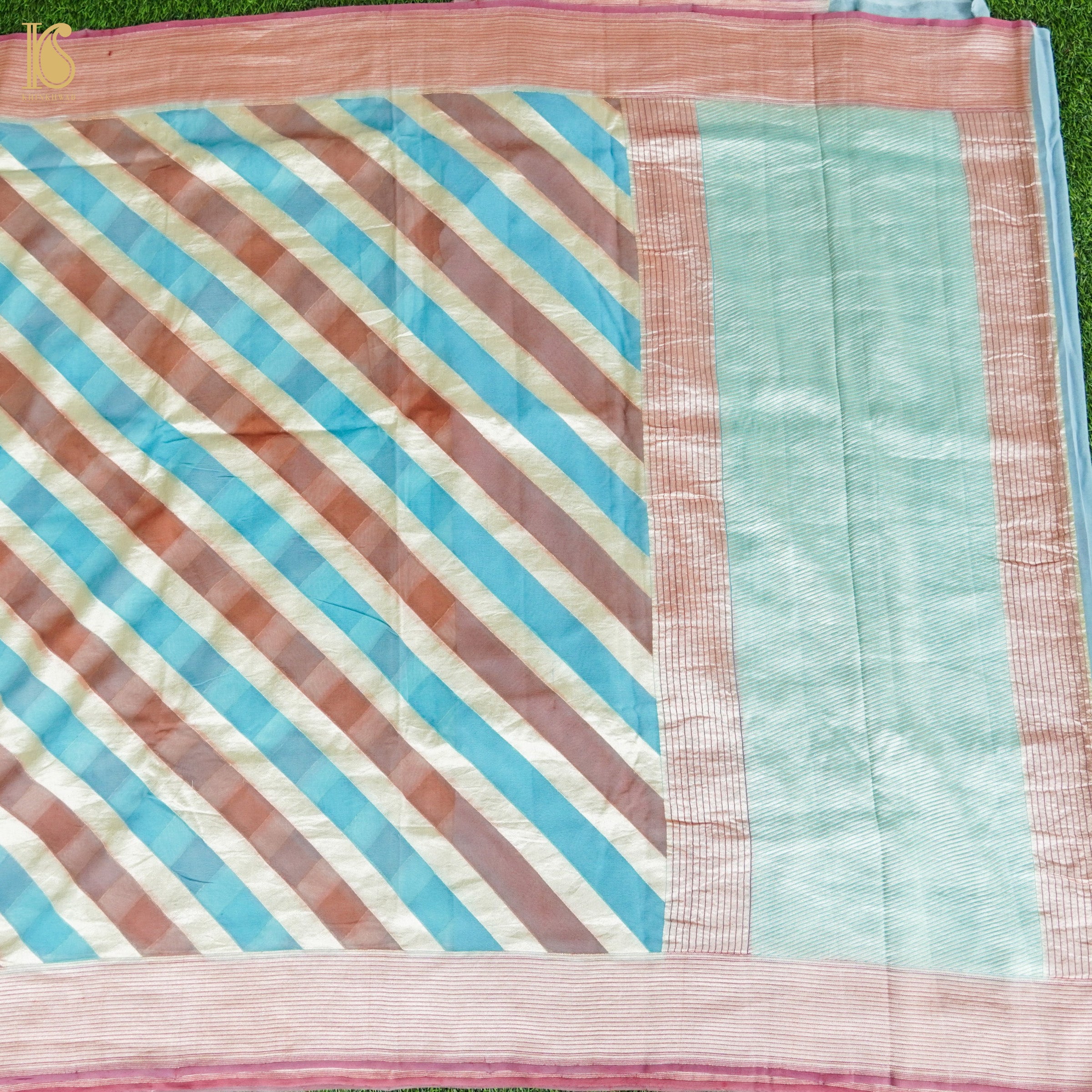 Blue & Orange Pure Georgette Handloom Stripes Banarasi Saree - Khinkhwab