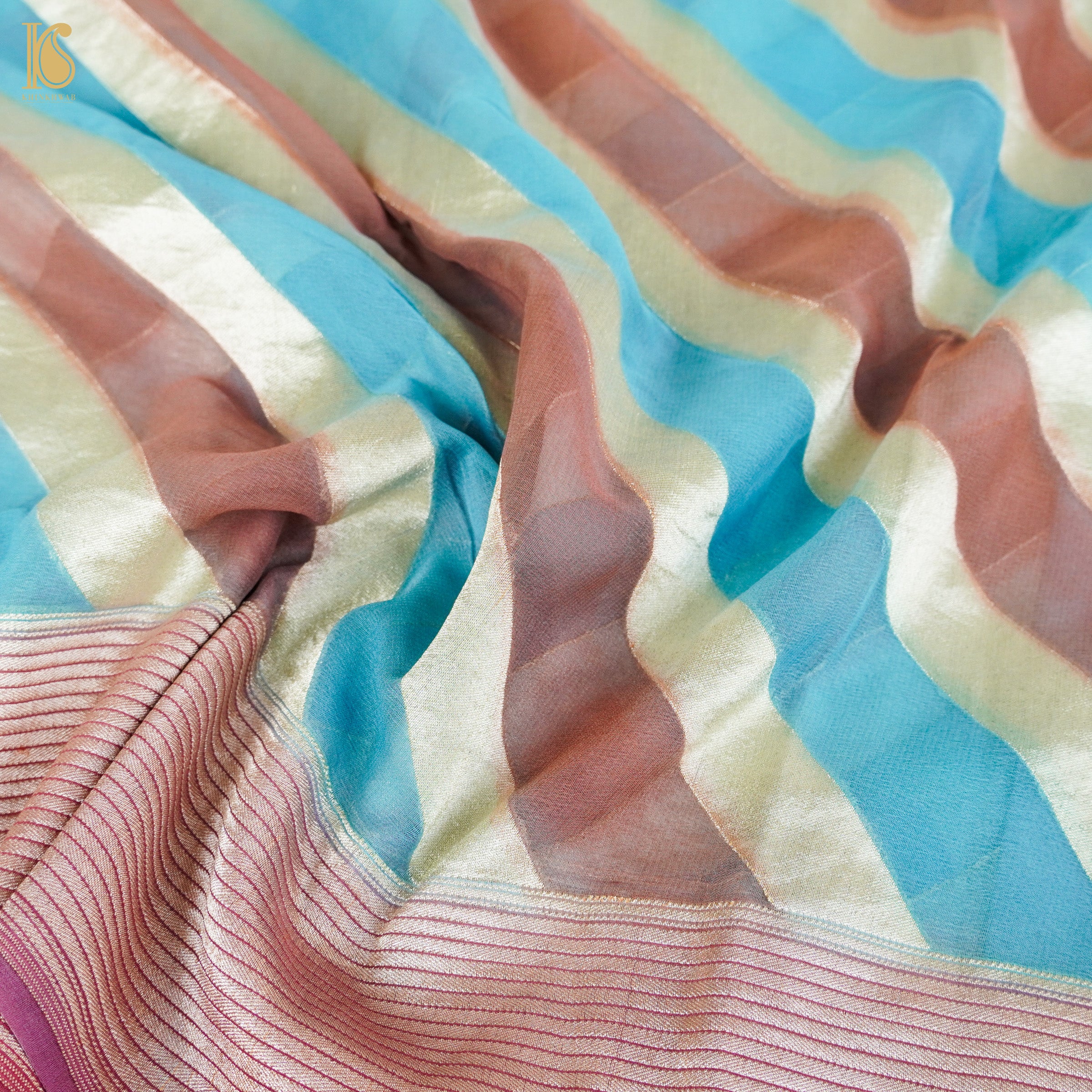 Blue & Orange Pure Georgette Handloom Stripes Banarasi Saree - Khinkhwab