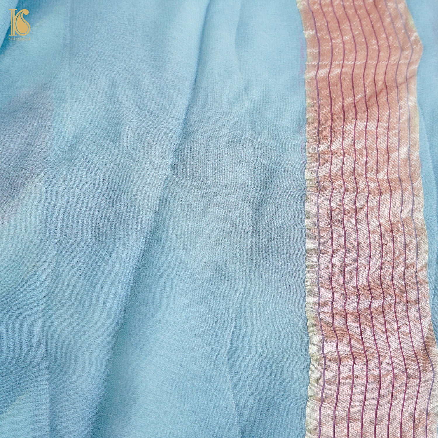 Blue & Orange Pure Georgette Handloom Stripes Banarasi Saree - Khinkhwab