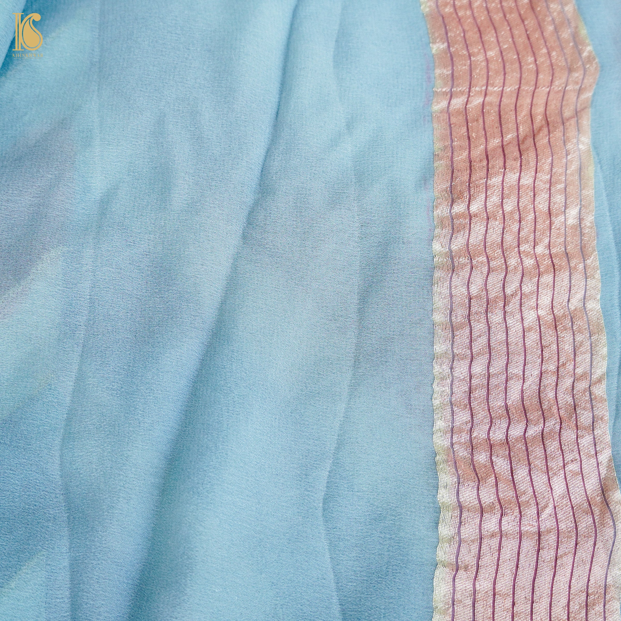 Blue & Orange Pure Georgette Handloom Stripes Banarasi Saree - Khinkhwab