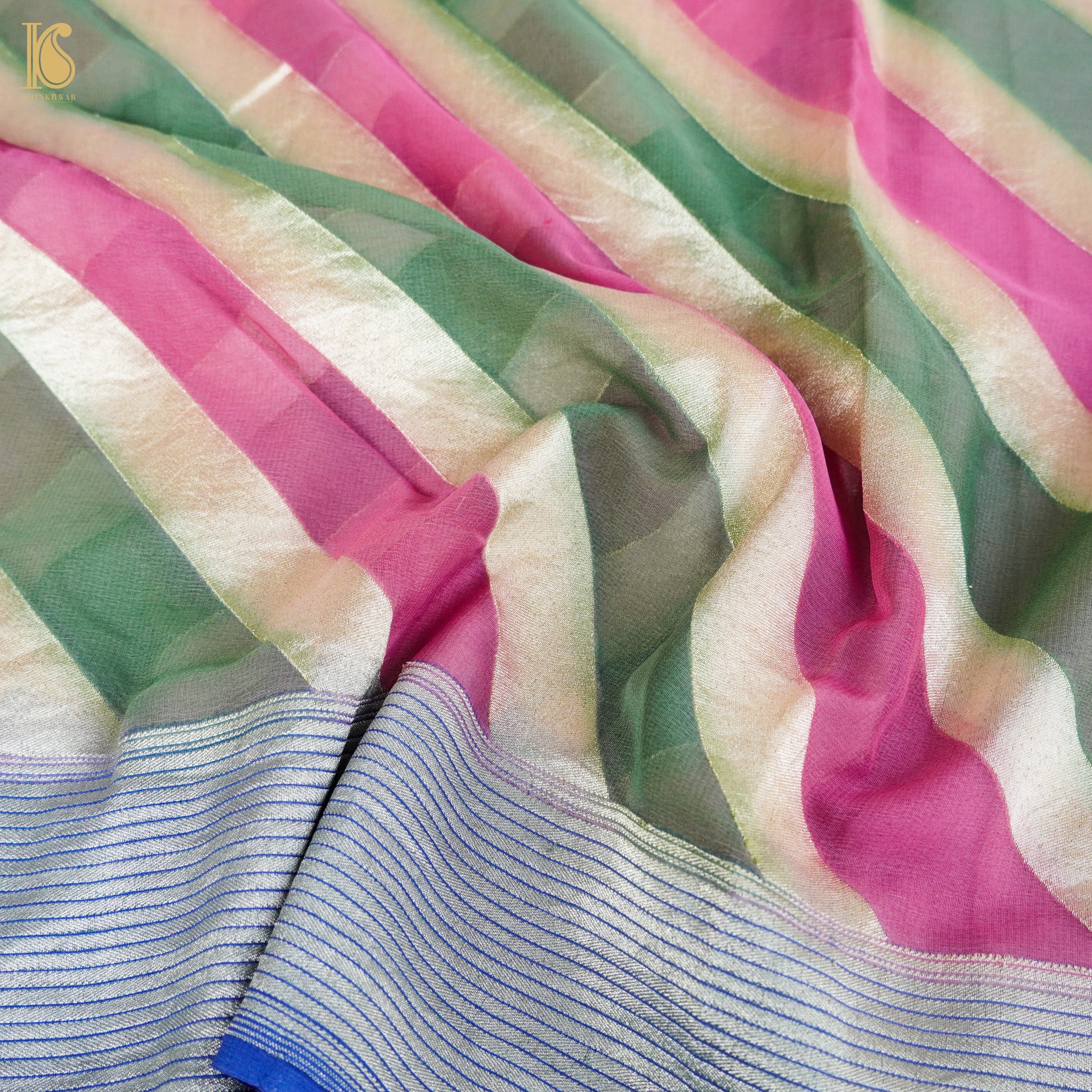 Pink & Green Pure Georgette Handloom Stripes Banarasi Saree - Khinkhwab