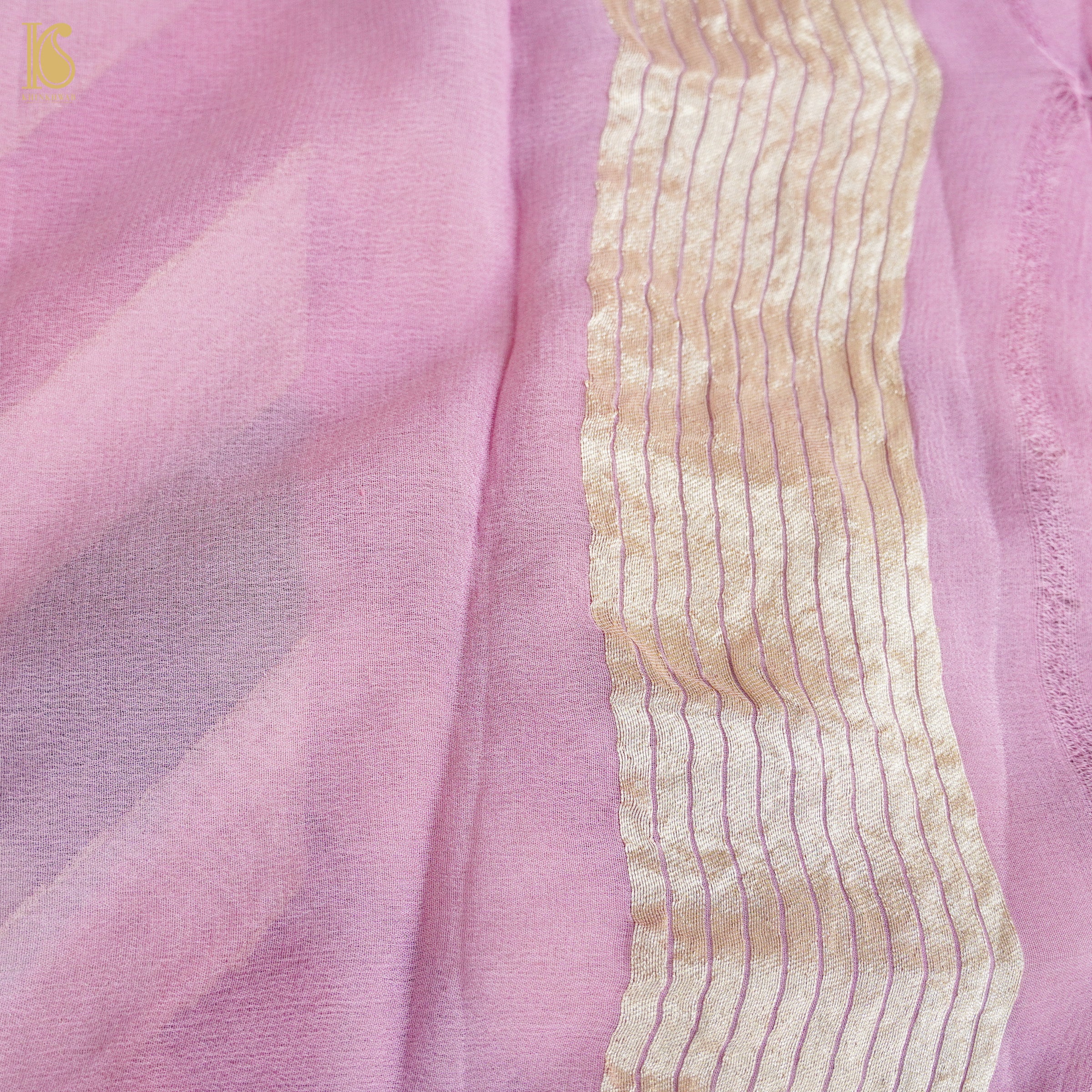 Pink & Green Pure Georgette Handloom Stripes Banarasi Saree - Khinkhwab