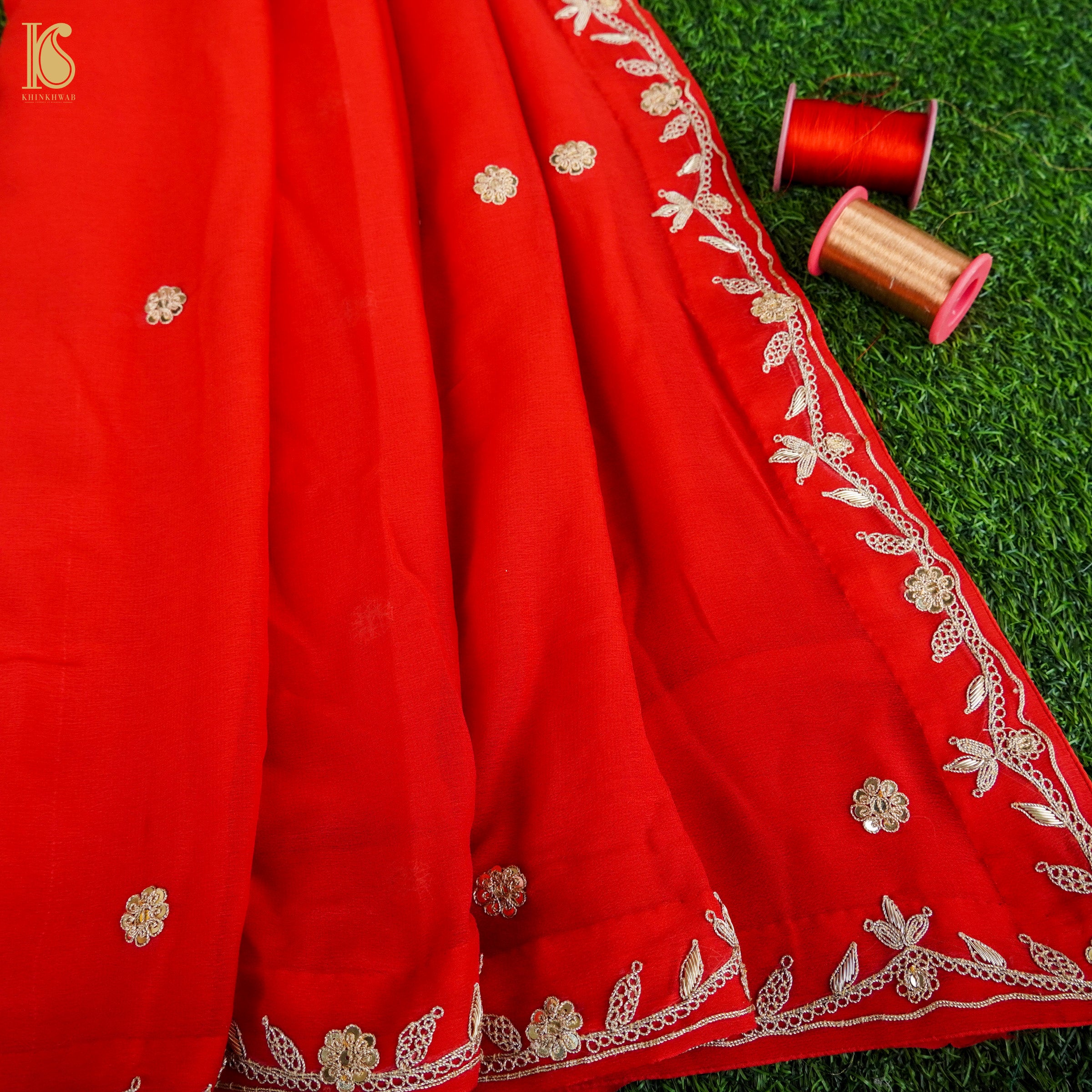 Red Pure Handloom Georgette Embroidery Saree - Khinkhwab