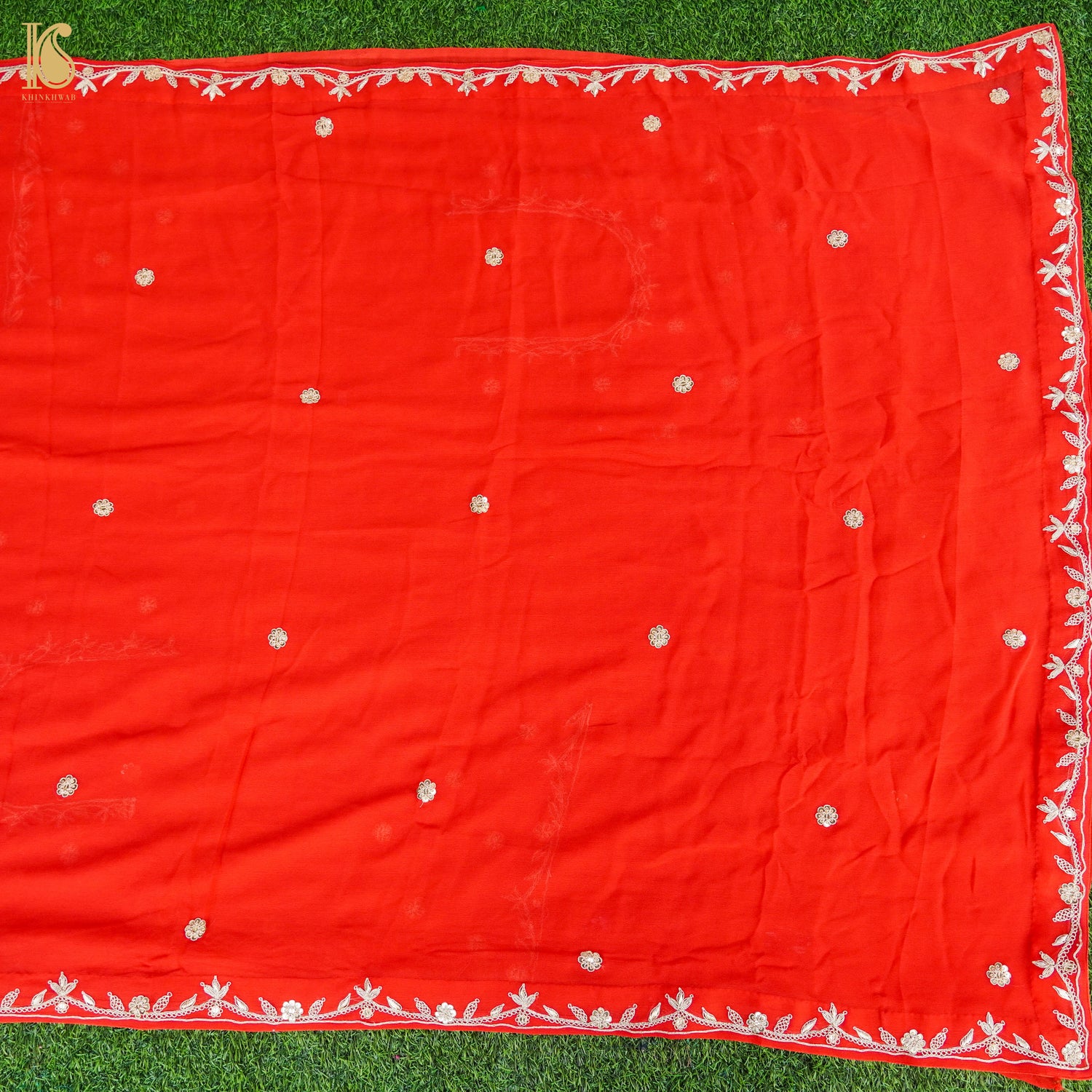 Red Pure Handloom Georgette Embroidery Saree - Khinkhwab