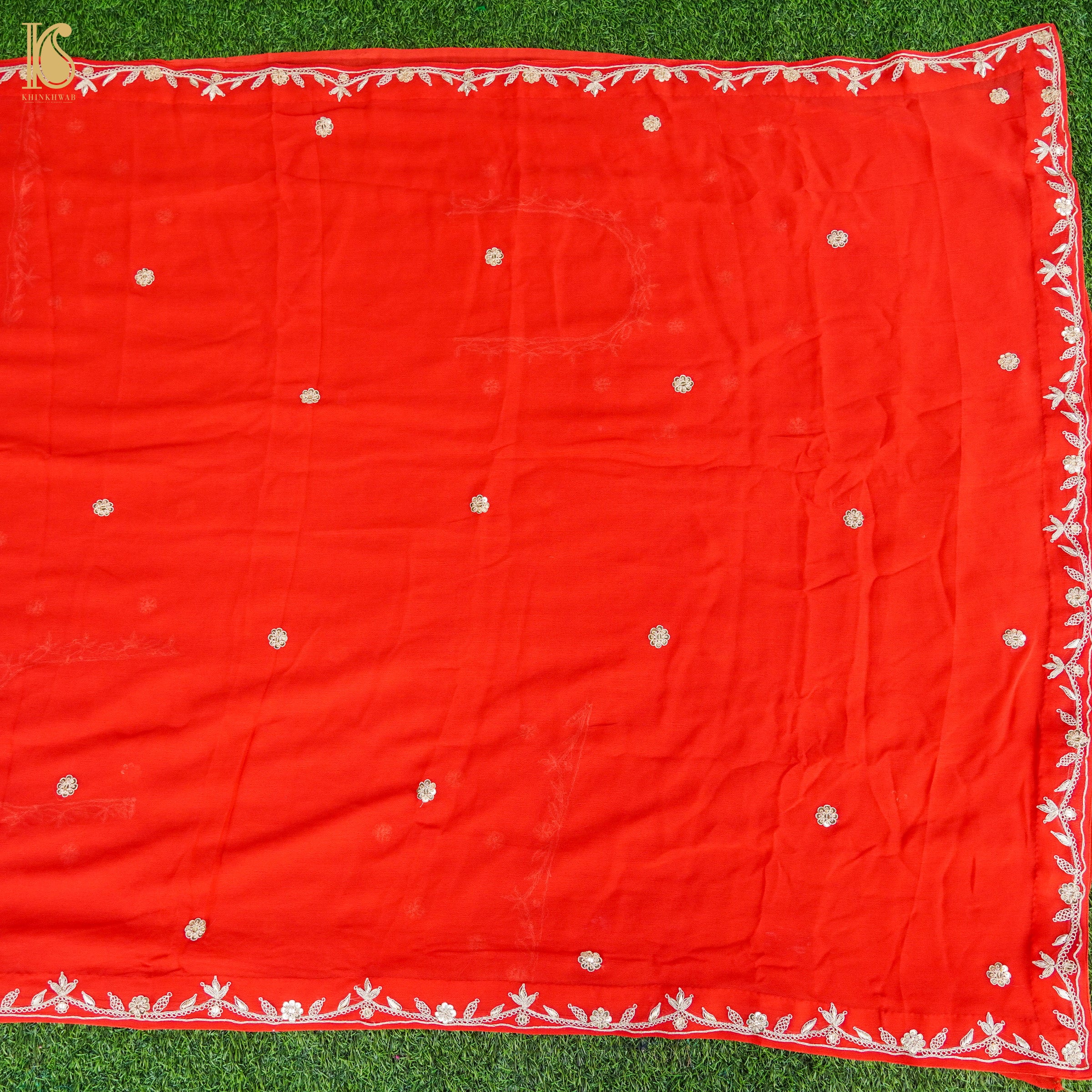 Red Pure Handloom Georgette Embroidery Saree - Khinkhwab