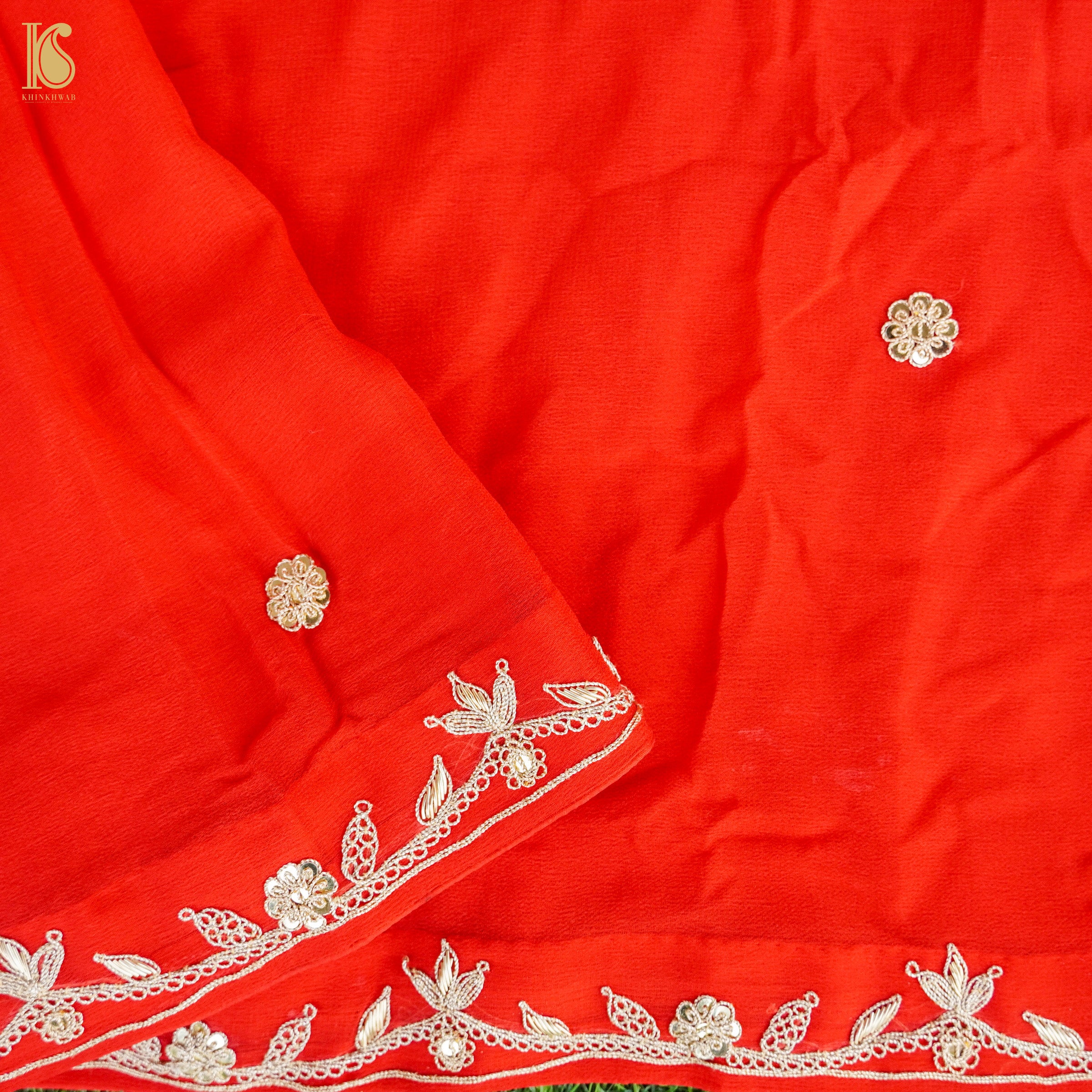 Red Pure Handloom Georgette Embroidery Saree - Khinkhwab