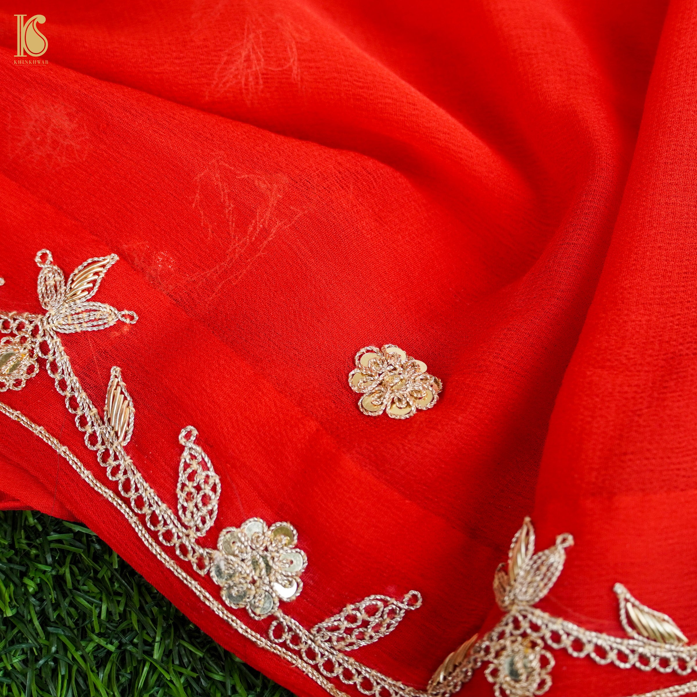 Red Pure Handloom Georgette Embroidery Saree - Khinkhwab