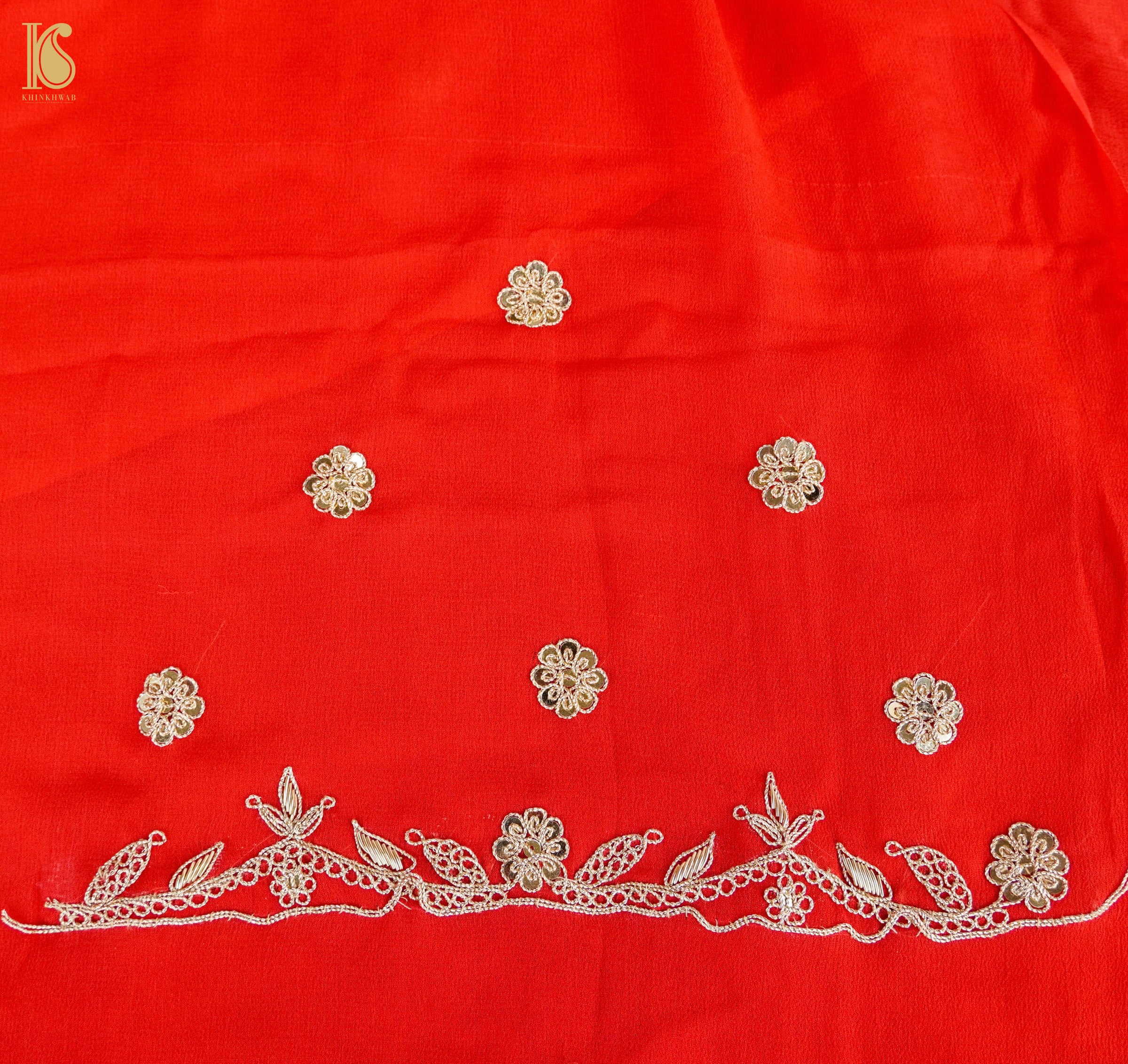Red Pure Handloom Georgette Embroidery Saree - Khinkhwab
