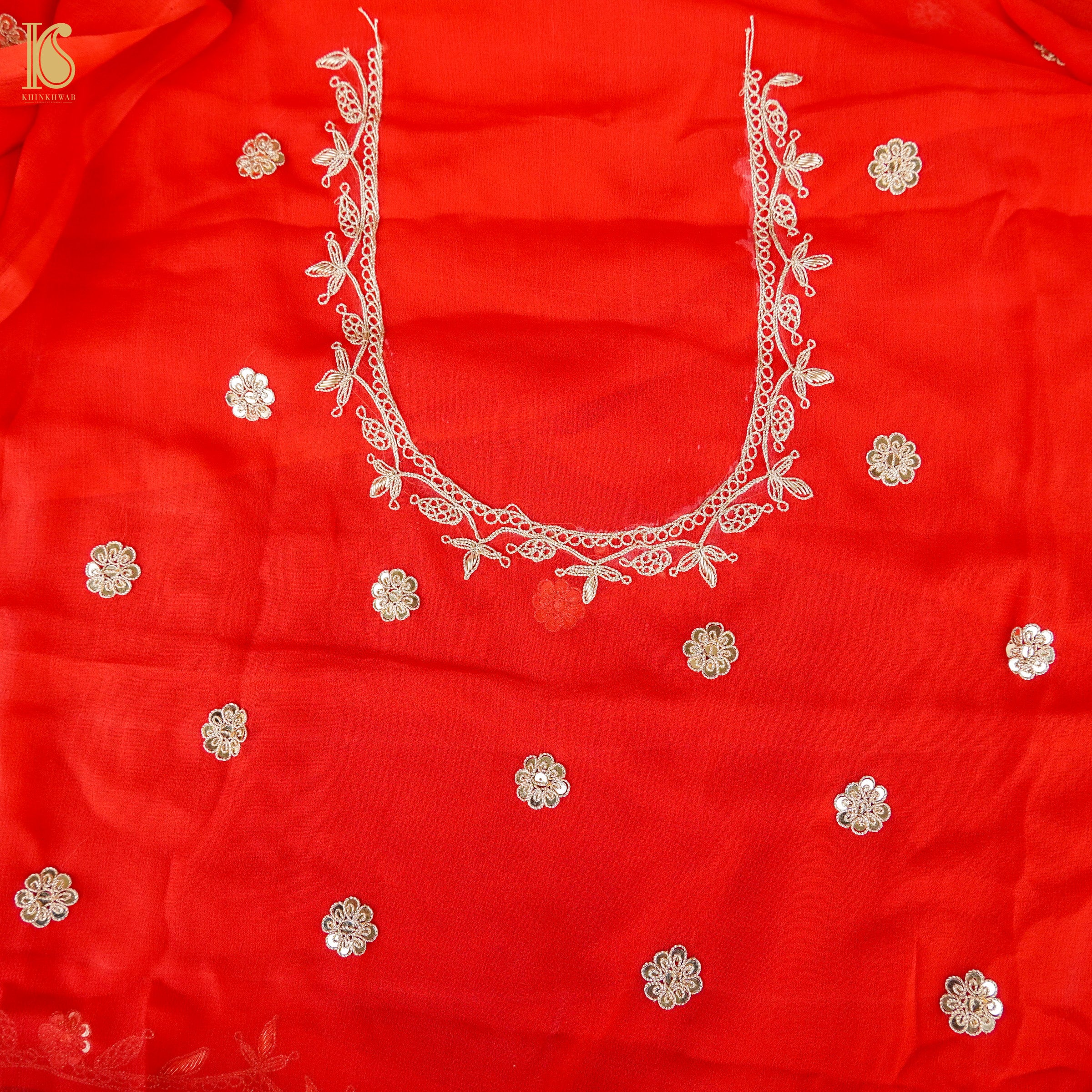 Red Pure Handloom Georgette Embroidery Saree - Khinkhwab