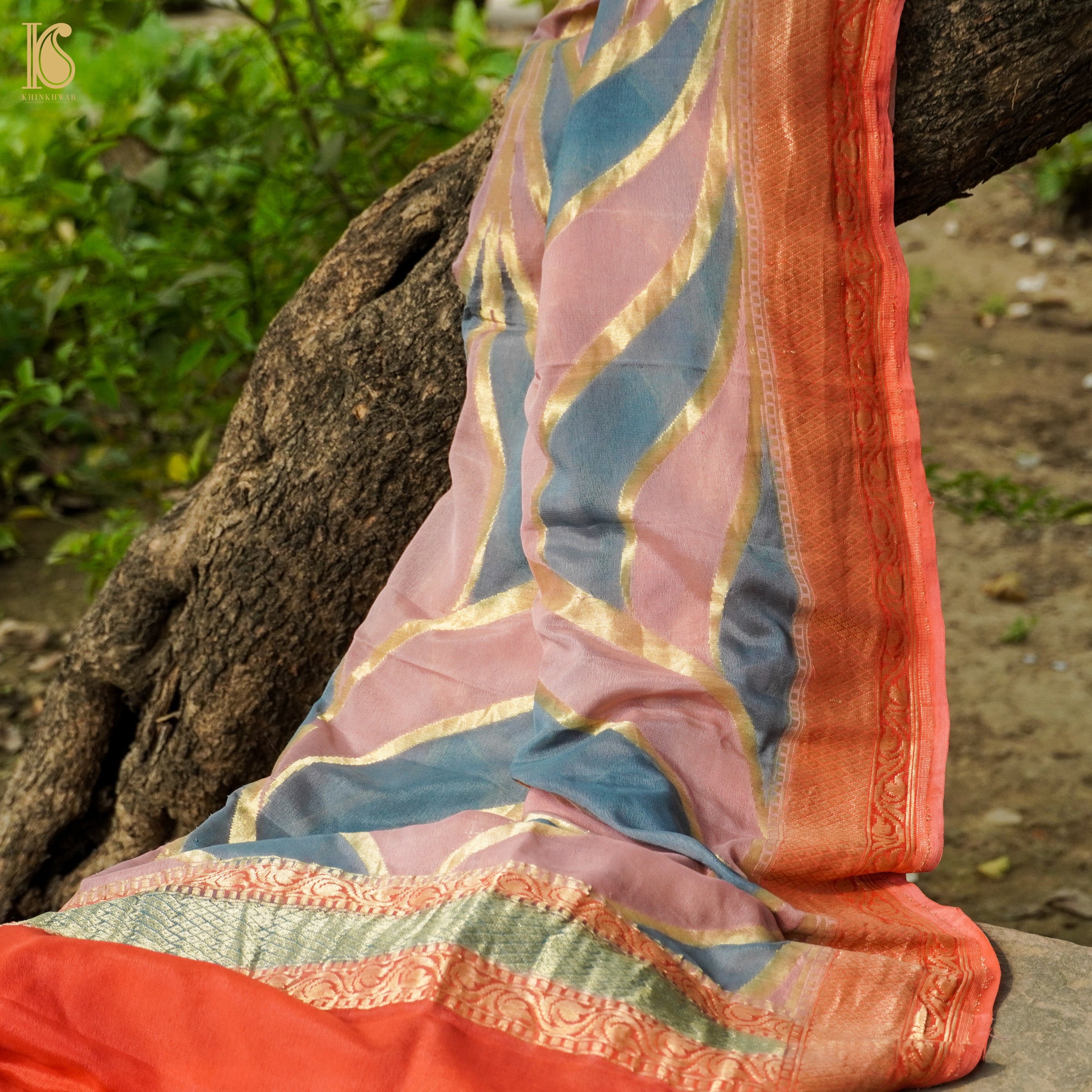Shilo Pink & Blue Georgette Handloom Banarasi Dupatta - Khinkhwab