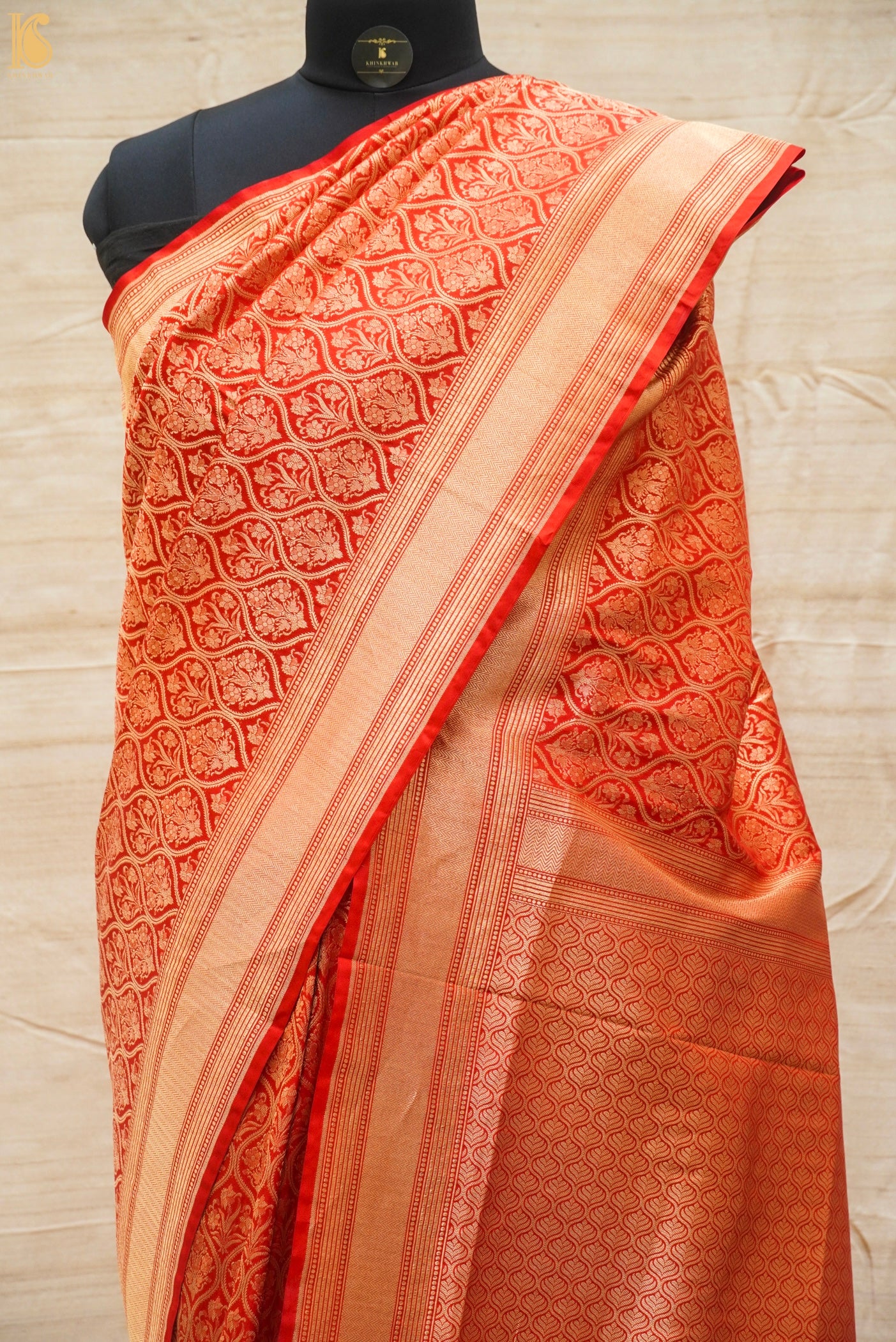 Alizarin Red Pure Katan Silk Handloom Banarasi Zari Tanchoi Saree - Khinkhwab
