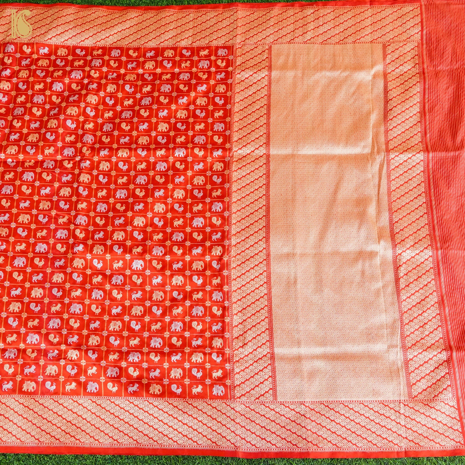 Venetian Red Handloom Katan Silk Banarasi Shikargah Check Kadwa Ektara Saree - Khinkhwab
