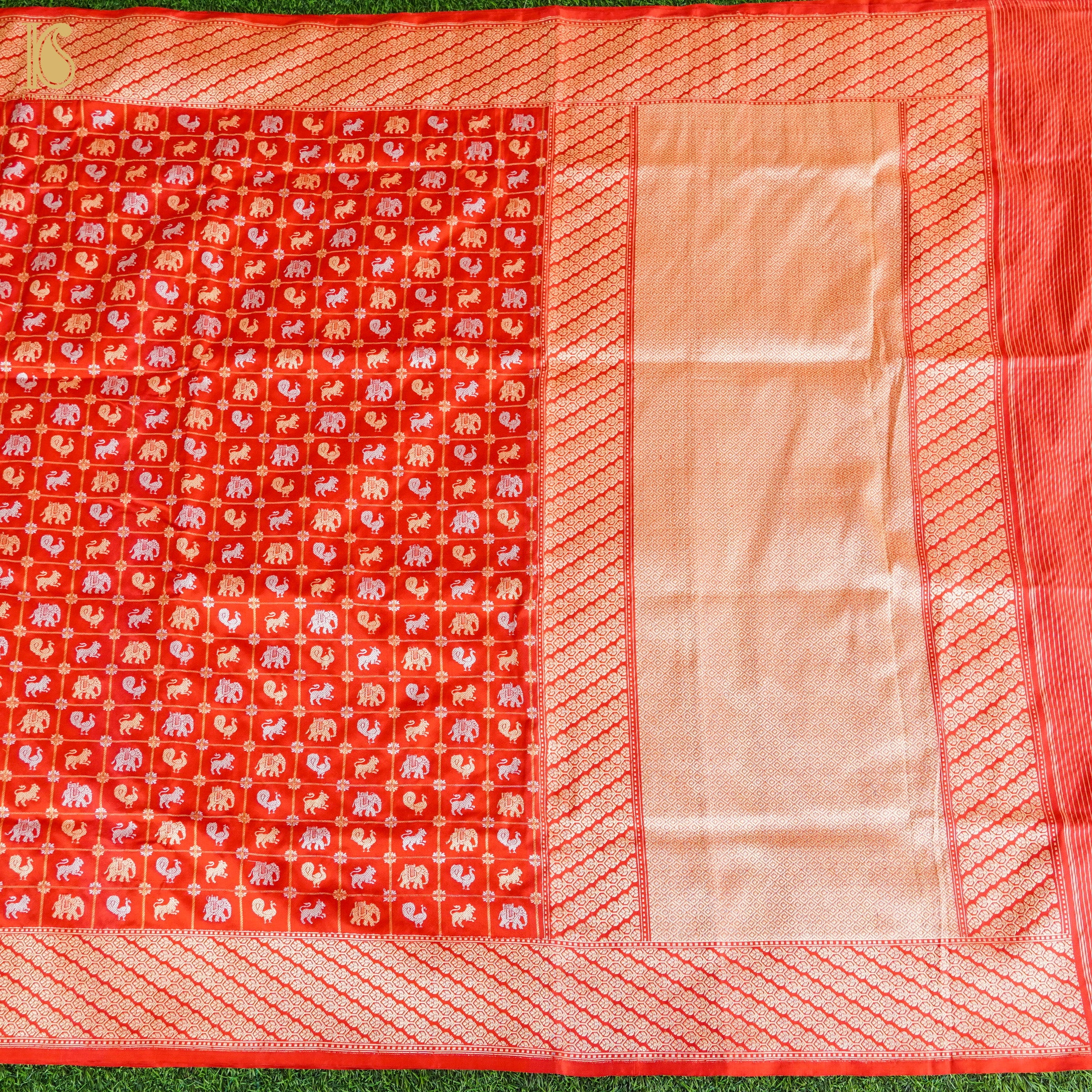 Venetian Red Handloom Katan Silk Banarasi Shikargah Check Kadwa Ektara Saree - Khinkhwab