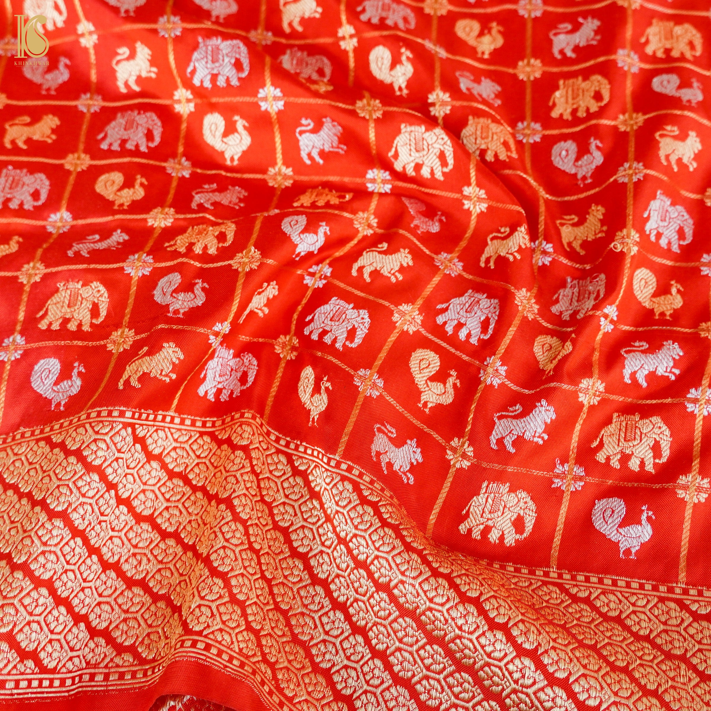 Venetian Red Handloom Katan Silk Banarasi Shikargah Check Kadwa Ektara Saree - Khinkhwab
