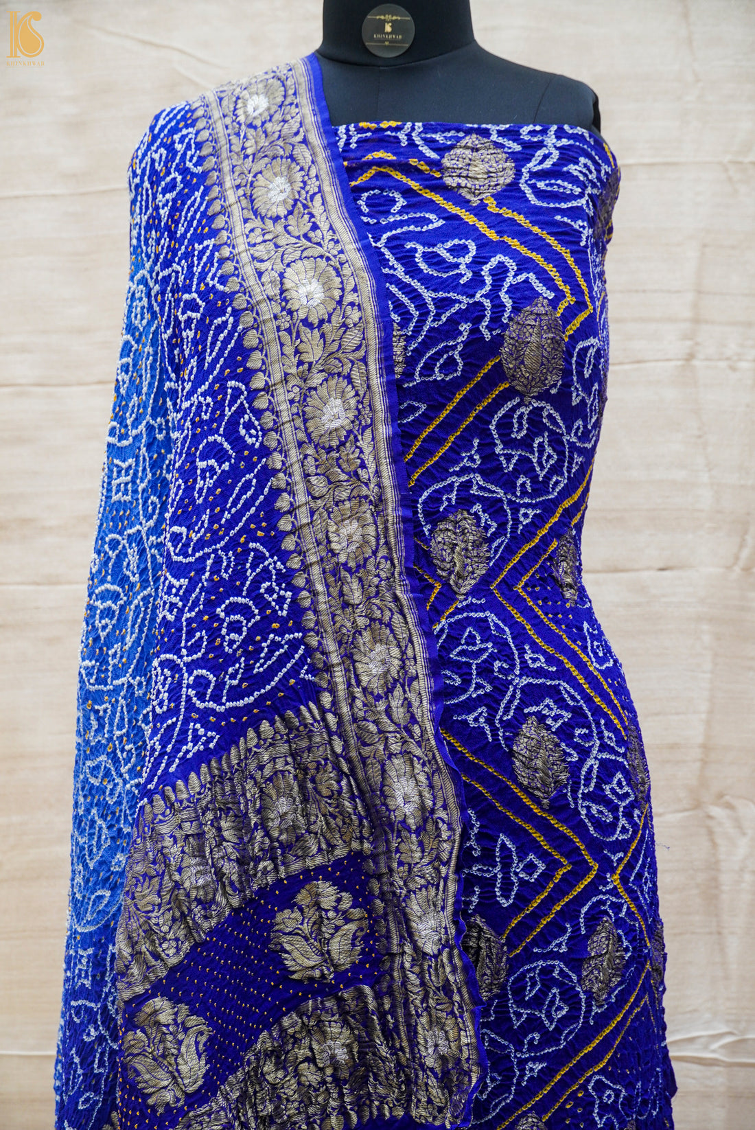 Persian Blue Georgette Handloom Banarasi Bandhani Suit Fabric - Khinkhwab