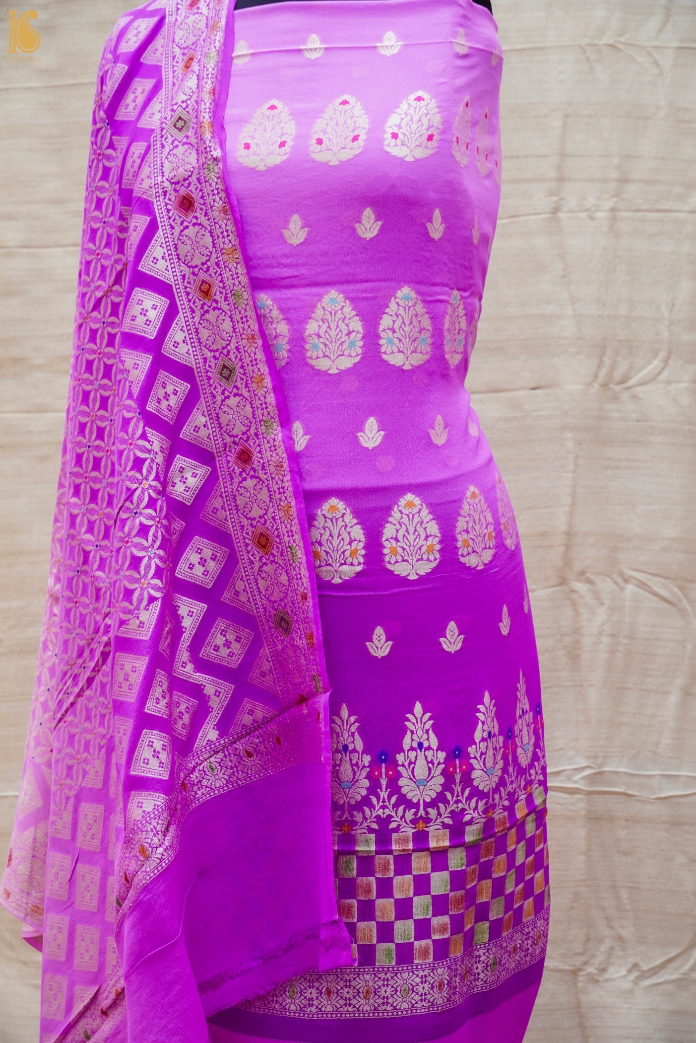 Orchid Purple Pure Georgette Handwoven Banarasi Suit Set - Khinkhwab