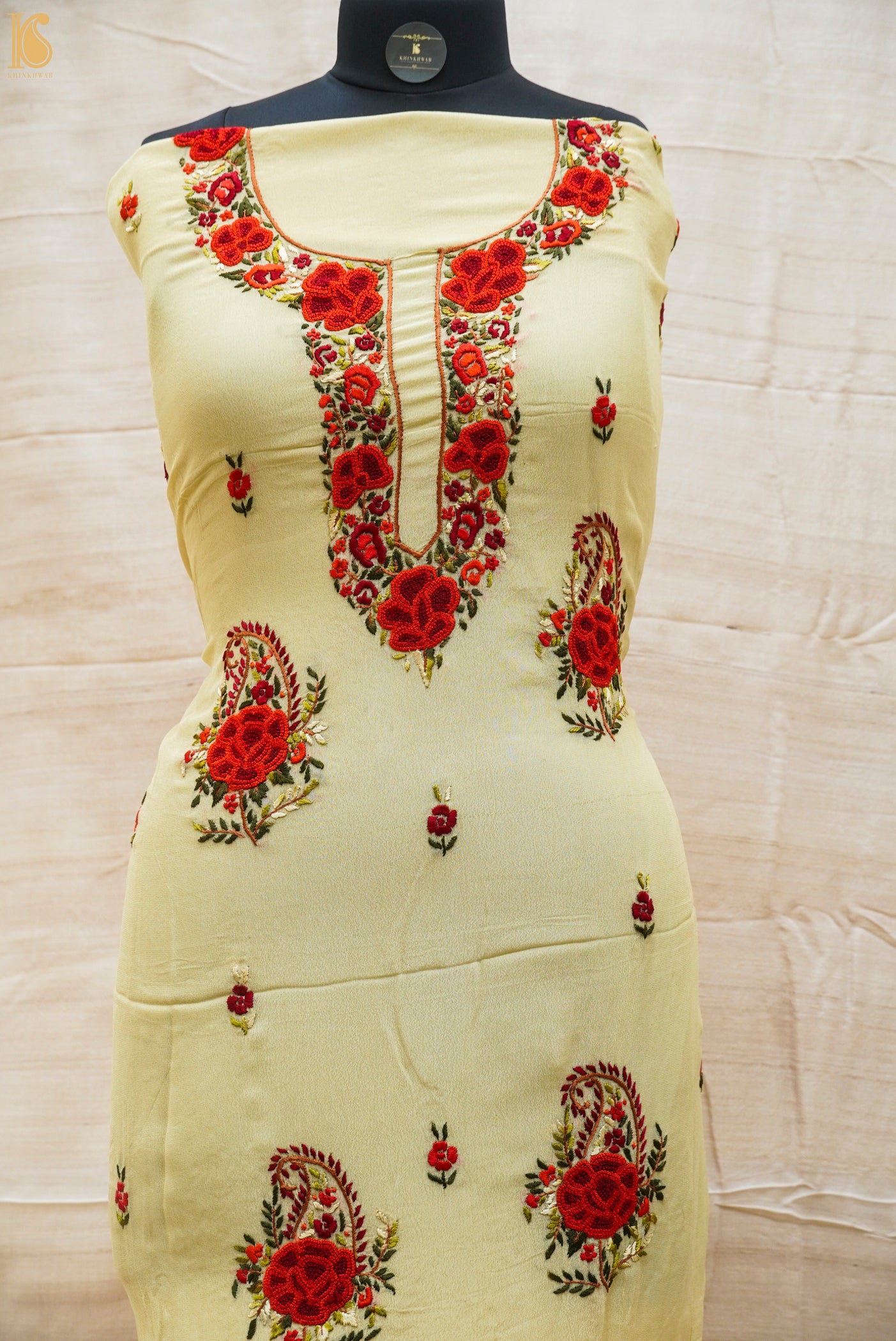 Coconut Cream Handcrafted Parsi Gara Viscose Georgette Rose Kurta Fabric - Khinkhwab