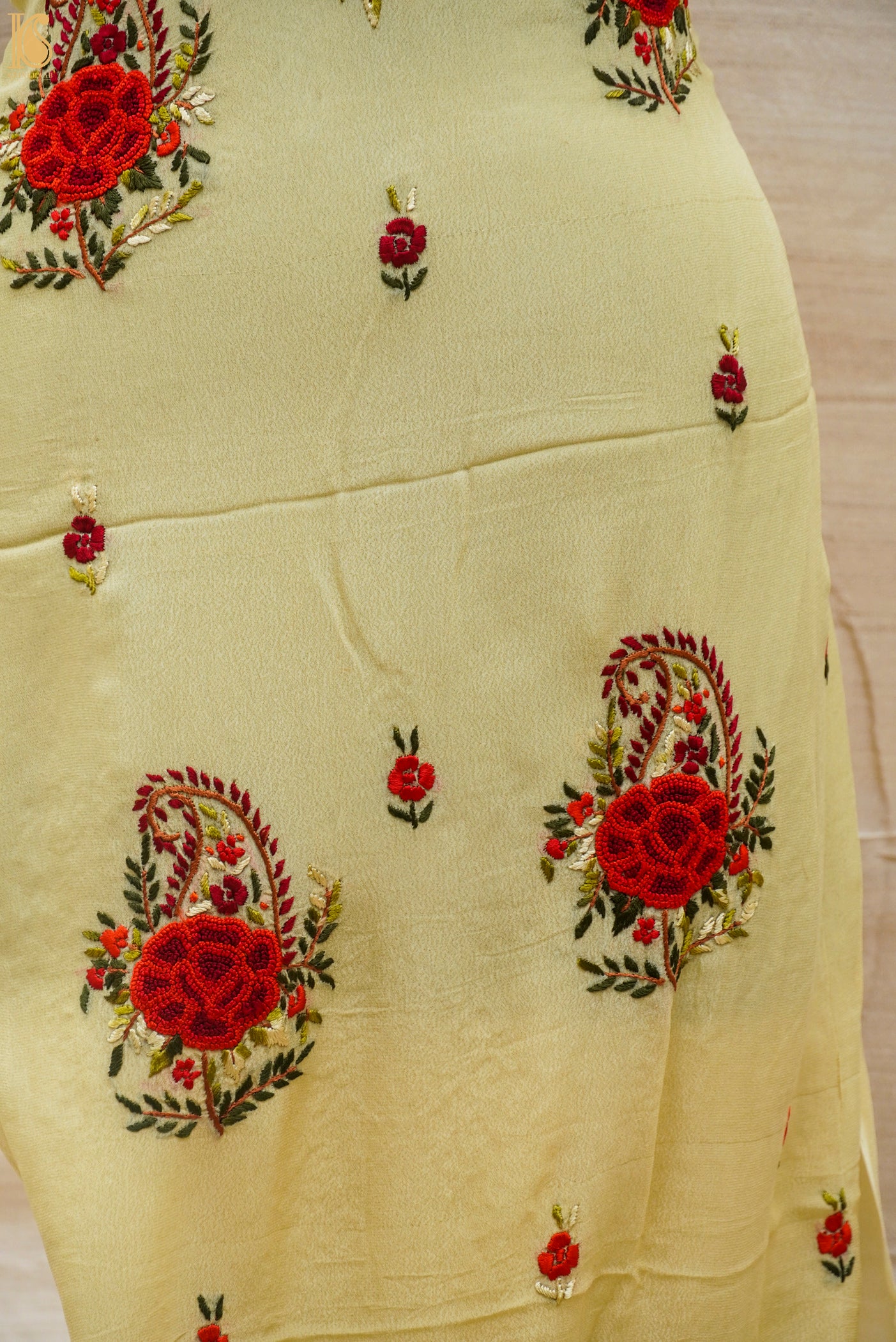 Coconut Cream Handcrafted Parsi Gara Viscose Georgette Rose Kurta Fabric - Khinkhwab