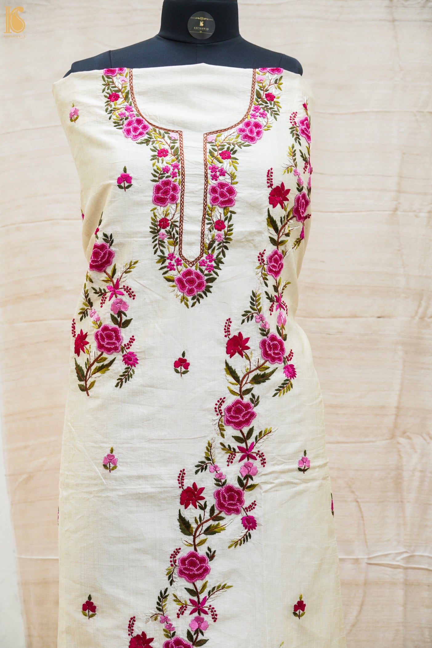 White Handcrafted Parsi Gara Dupion Silk Kurta Fabric - Khinkhwab