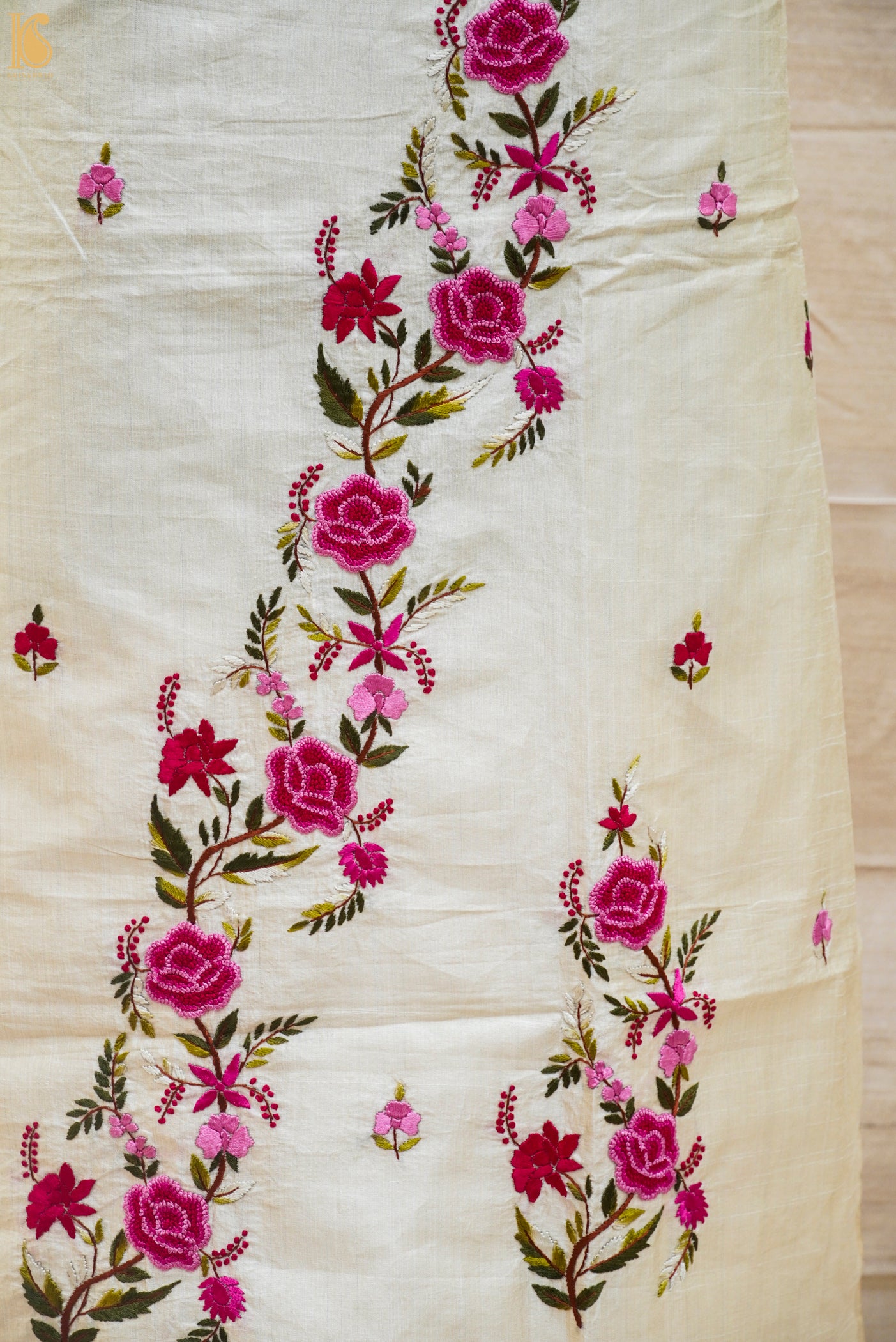 White Handcrafted Parsi Gara Dupion Silk Kurta Fabric - Khinkhwab