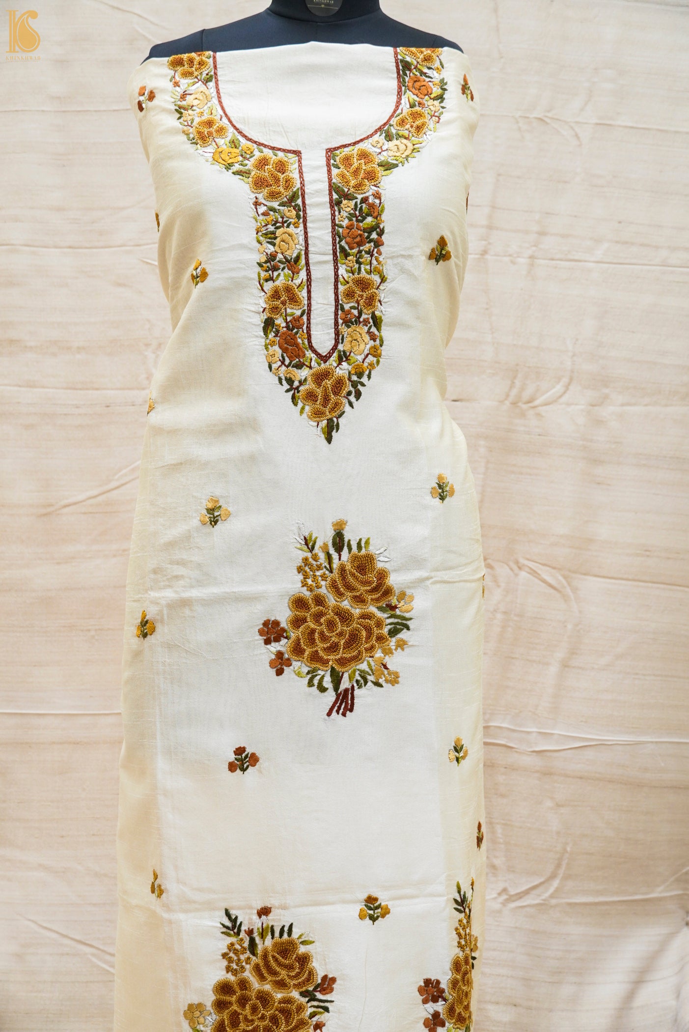 White Handcrafted Parsi Gara Dupion Silk Kurta Fabric - Khinkhwab