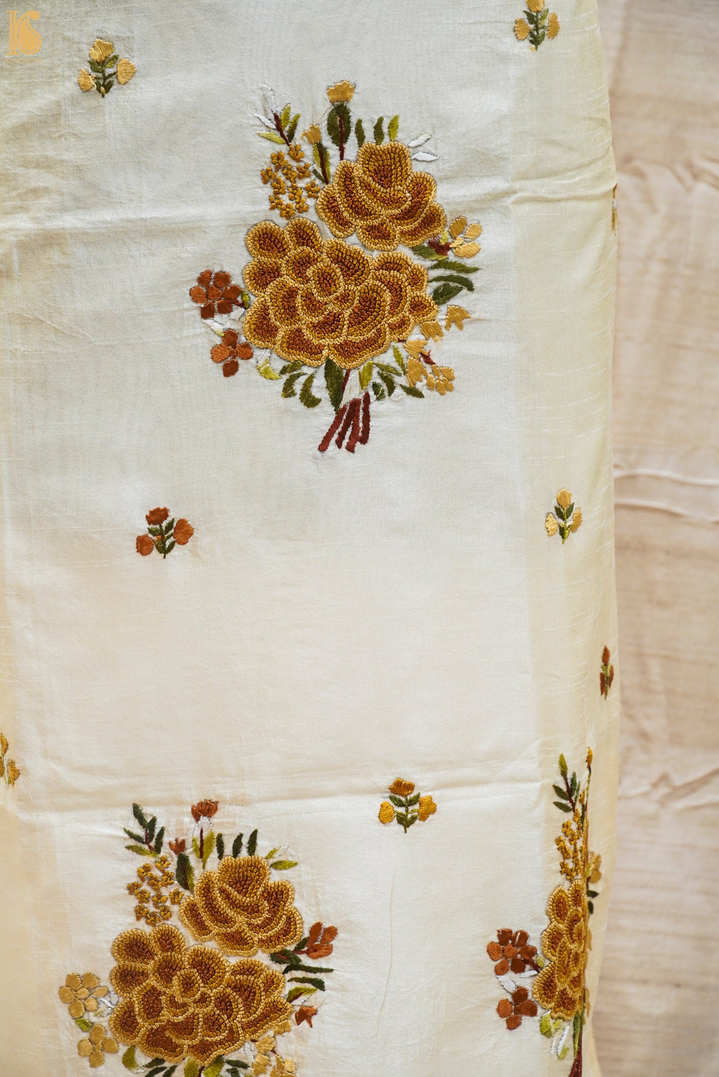 White Handcrafted Parsi Gara Dupion Silk Kurta Fabric - Khinkhwab