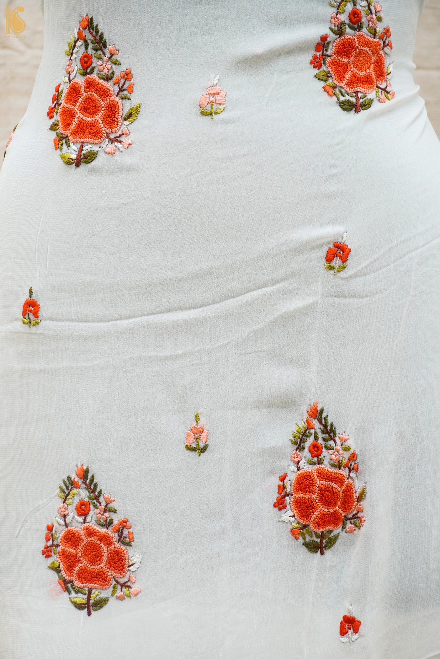 White Handcrafted Parsi Gara Viscose Georgette Kurta Fabric - Khinkhwab