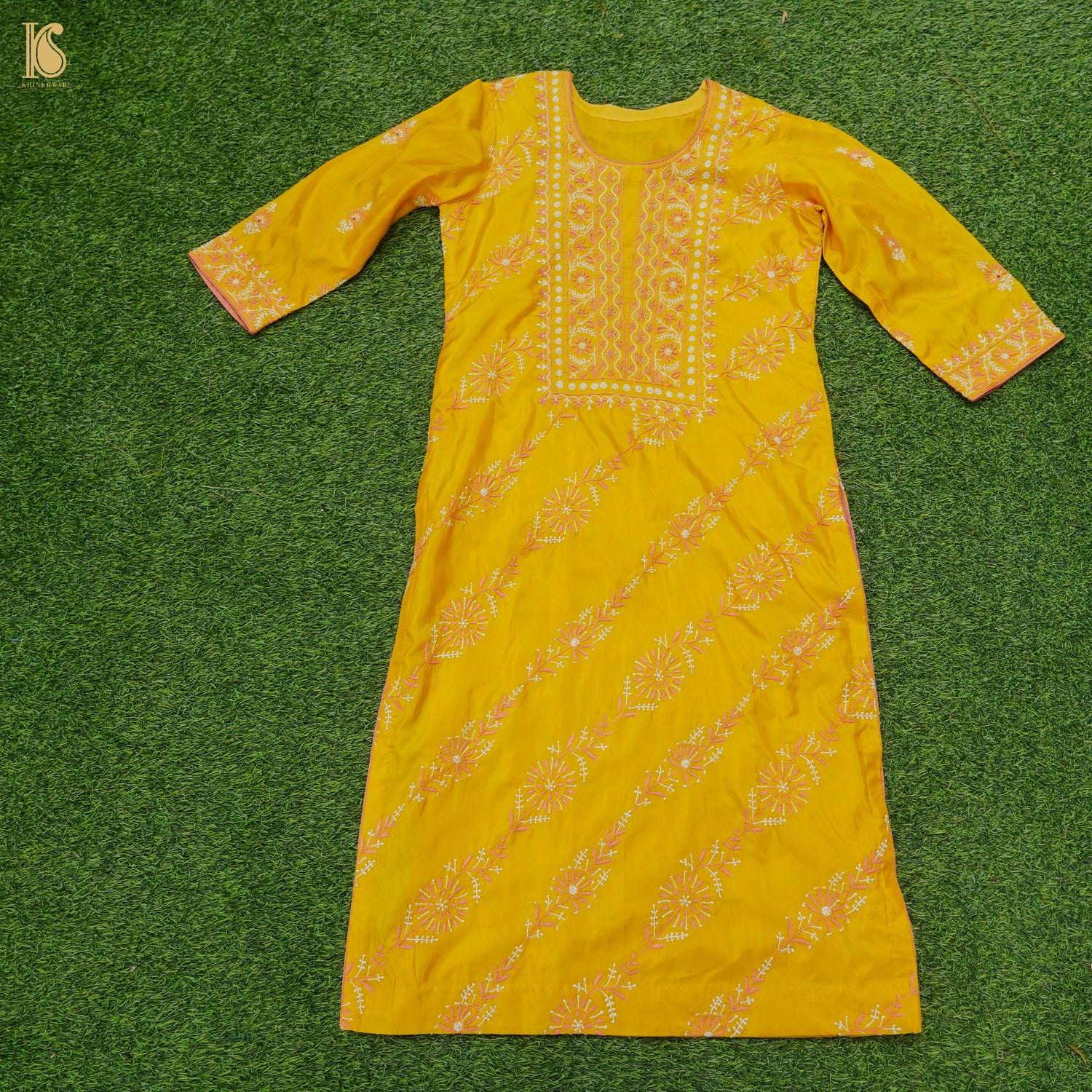 Pure Katan Silk Handwoven Chikankari Stitched Kurta - Khinkhwab