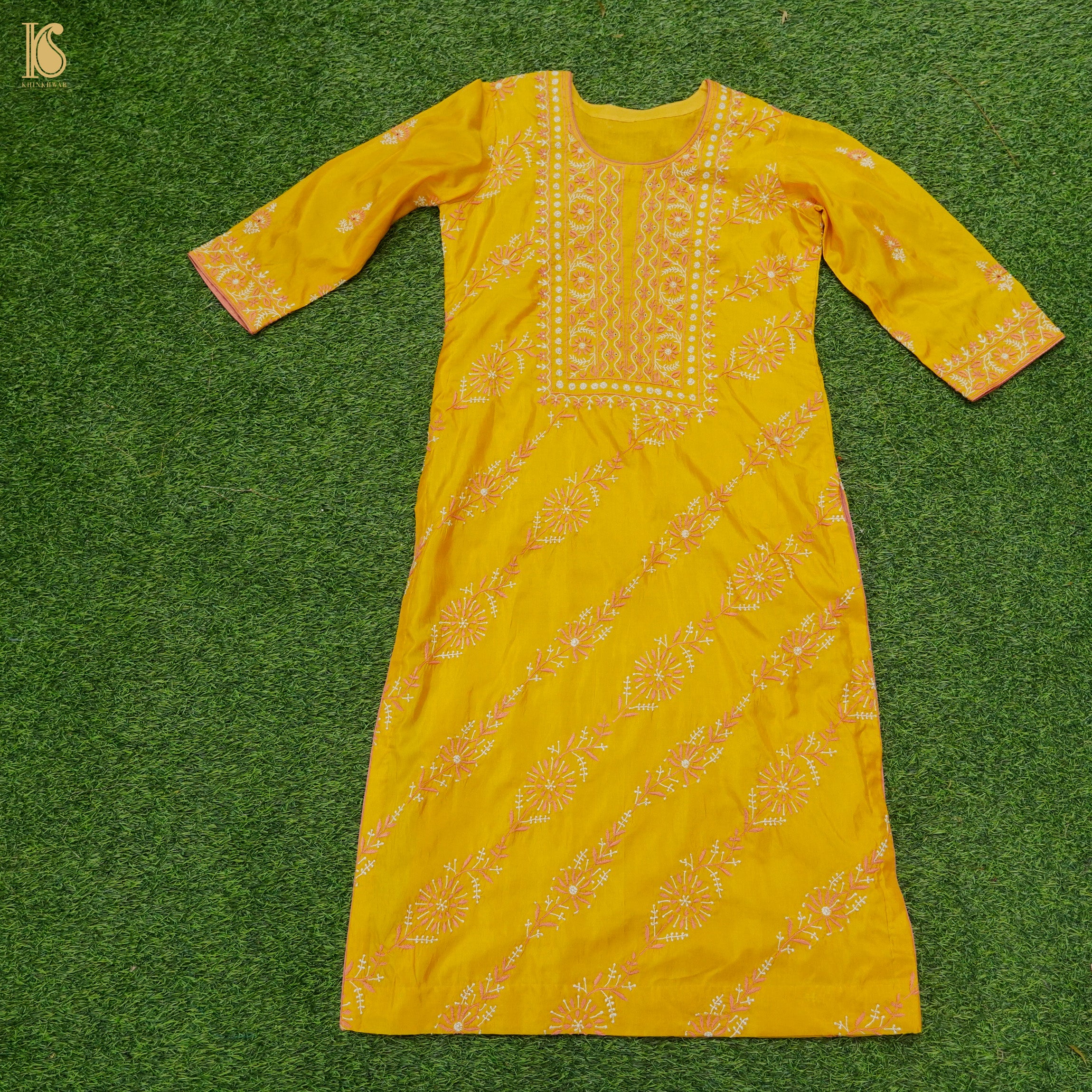Pure Katan Silk Handwoven Chikankari Stitched Kurta - Khinkhwab