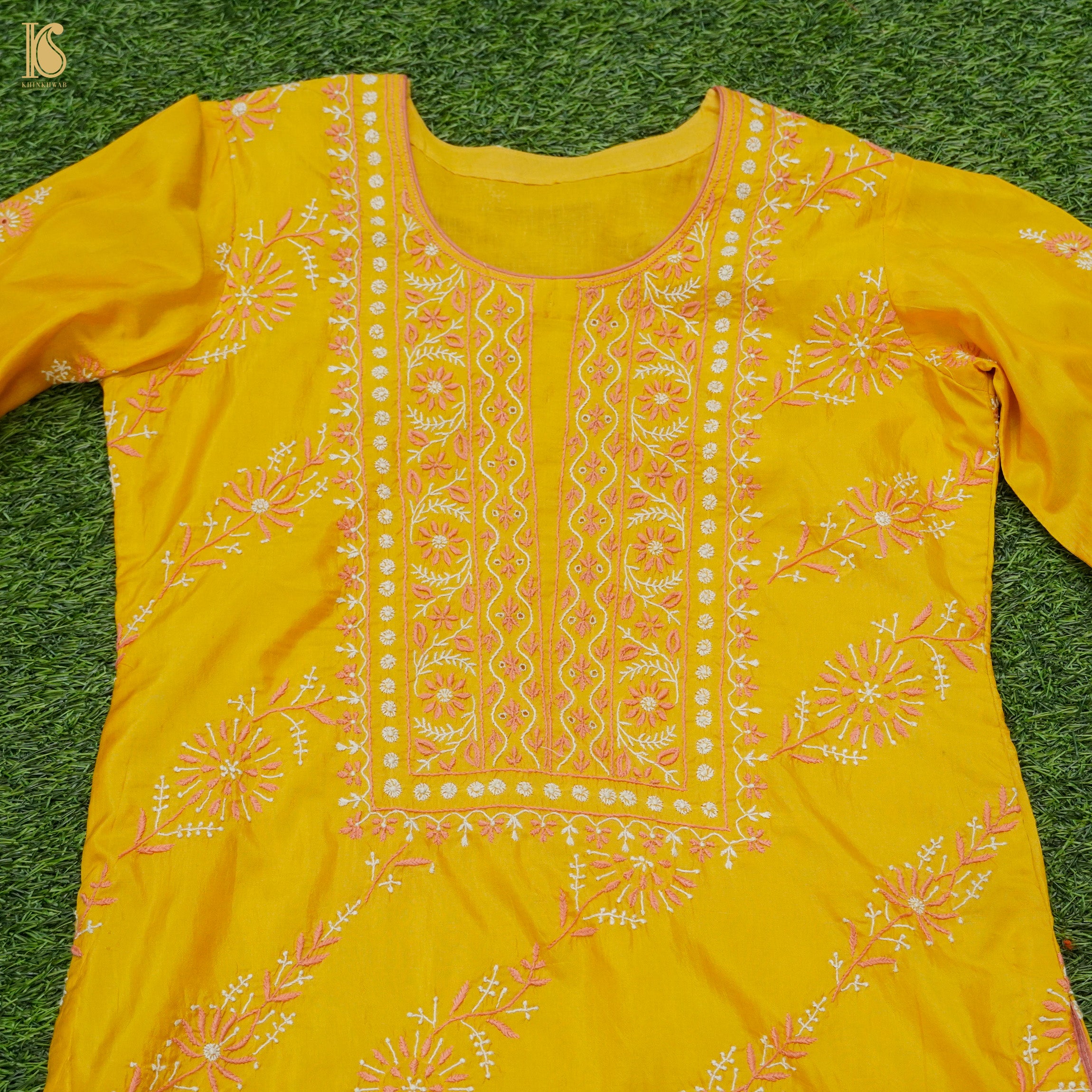Pure Katan Silk Handwoven Chikankari Stitched Kurta - Khinkhwab