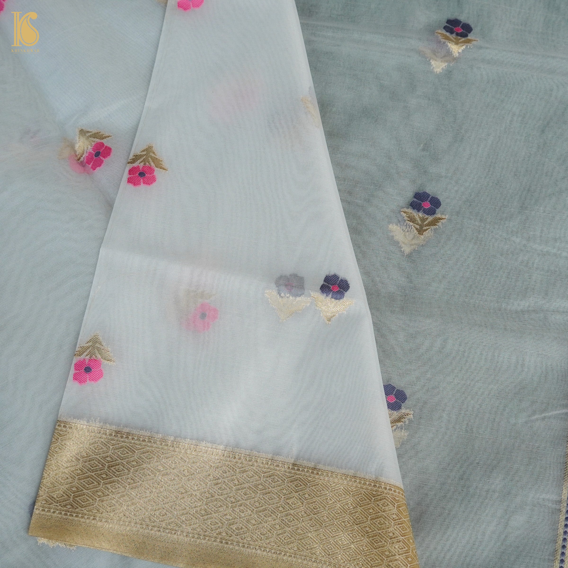 White Cotton Silk Meenakari Banarasi Suit Set - Khinkhwab