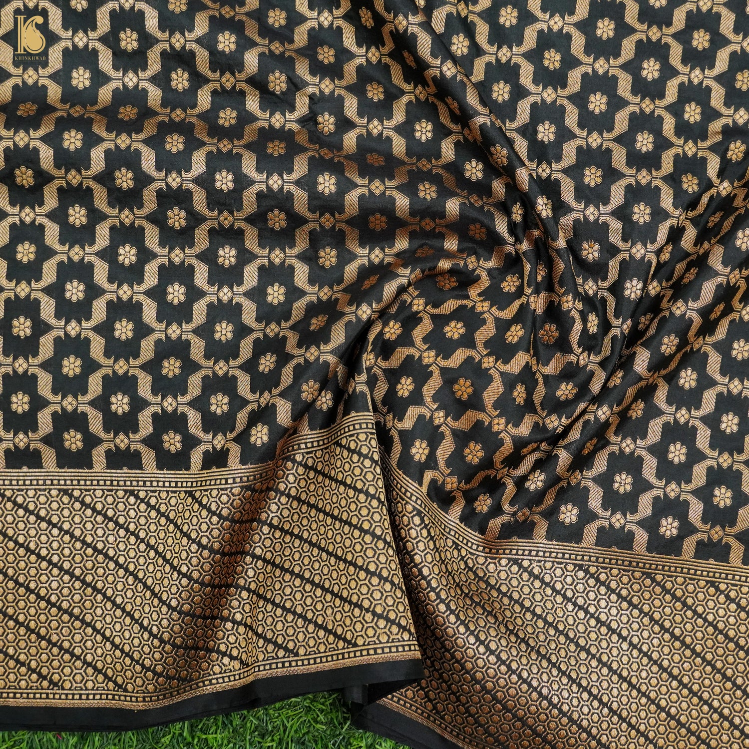 Black Pure Katan Silk Handloom Banarasi Dupatta - Khinkhwab