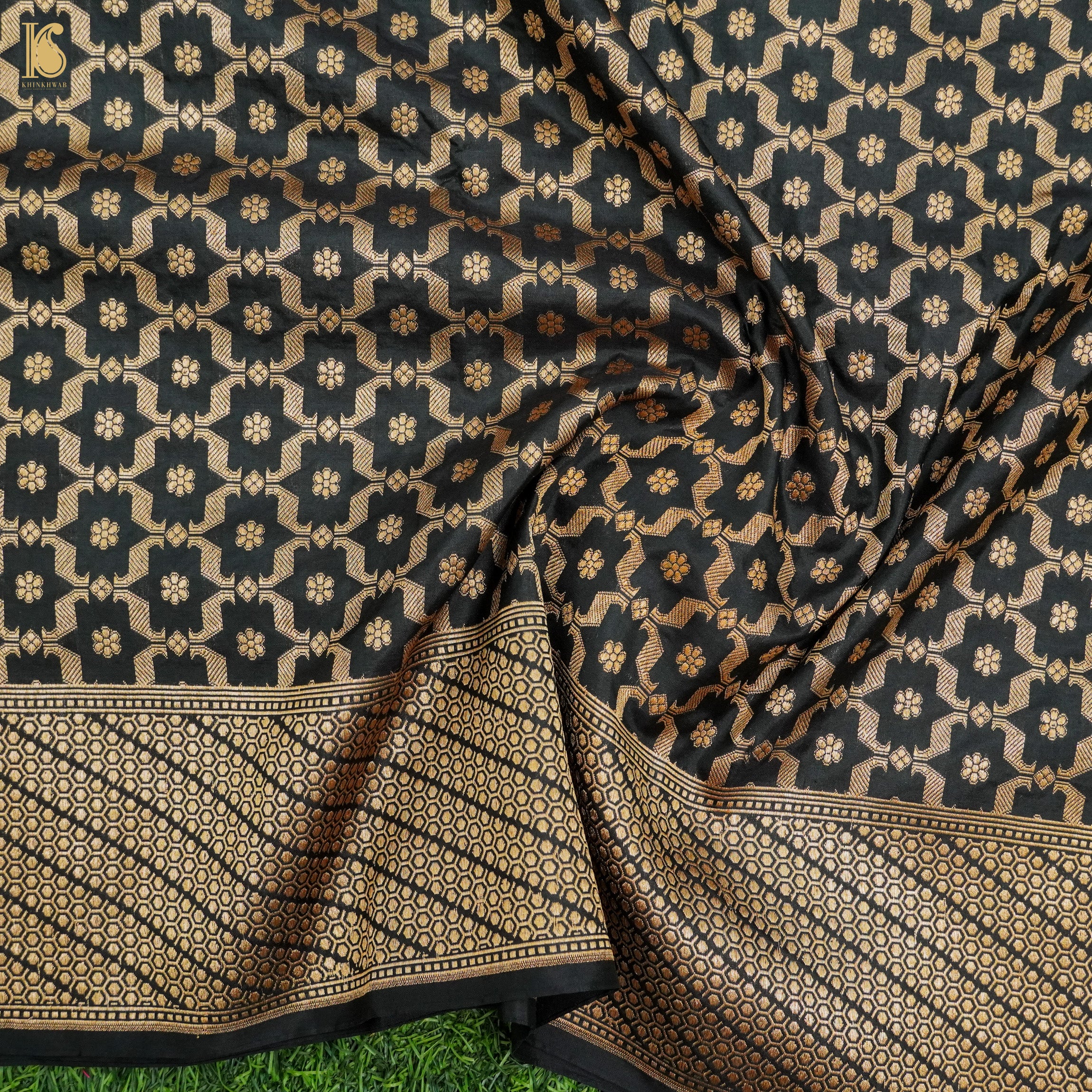 Black Pure Katan Silk Handloom Banarasi Dupatta - Khinkhwab