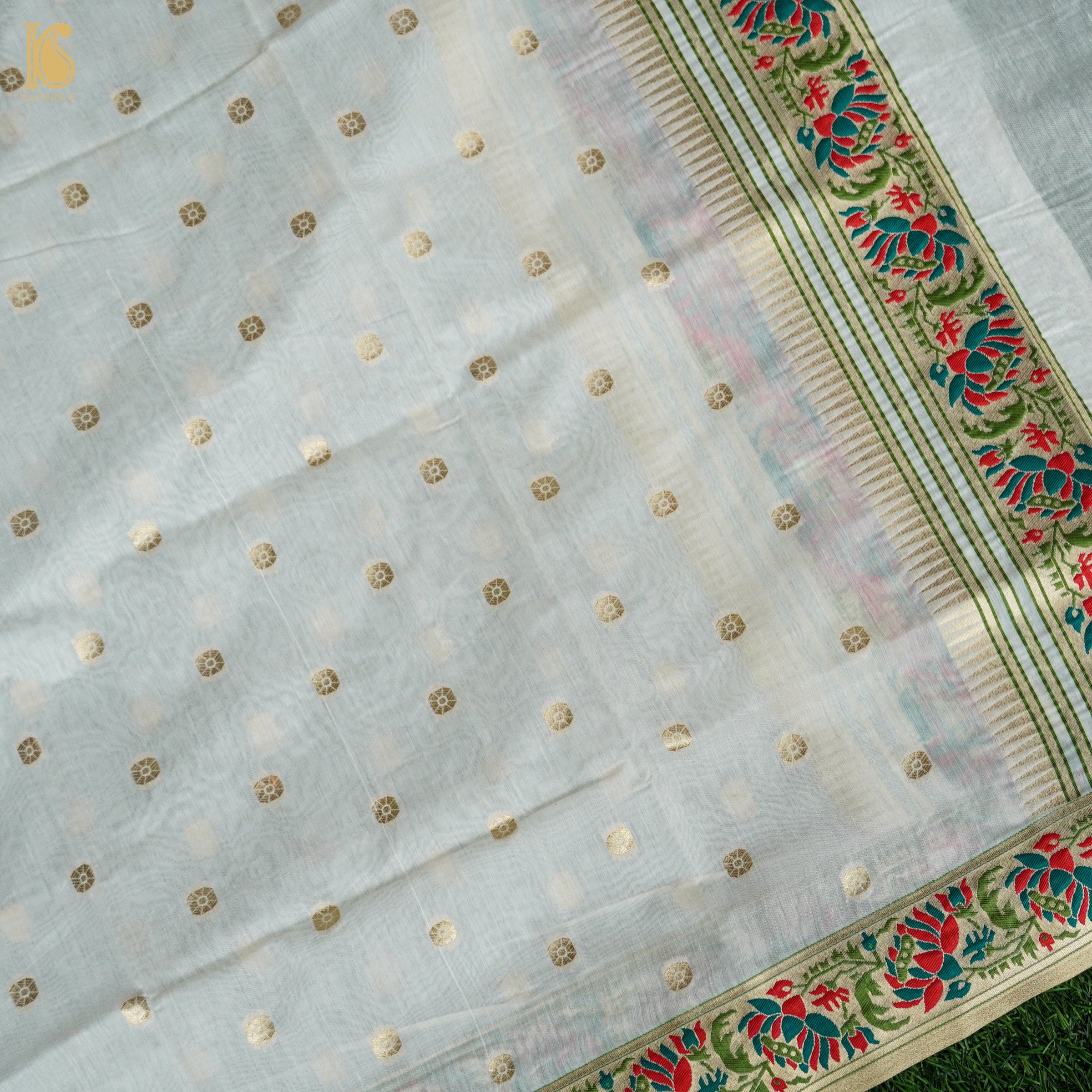 White Cotton Silk Meenakari Banarasi Suit Set - Khinkhwab