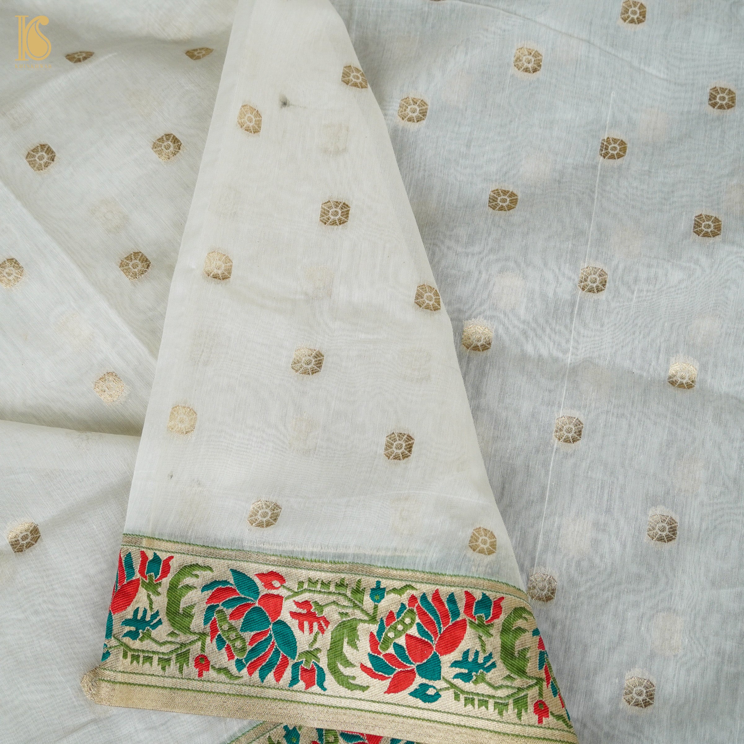 White Cotton Silk Meenakari Banarasi Suit Set - Khinkhwab