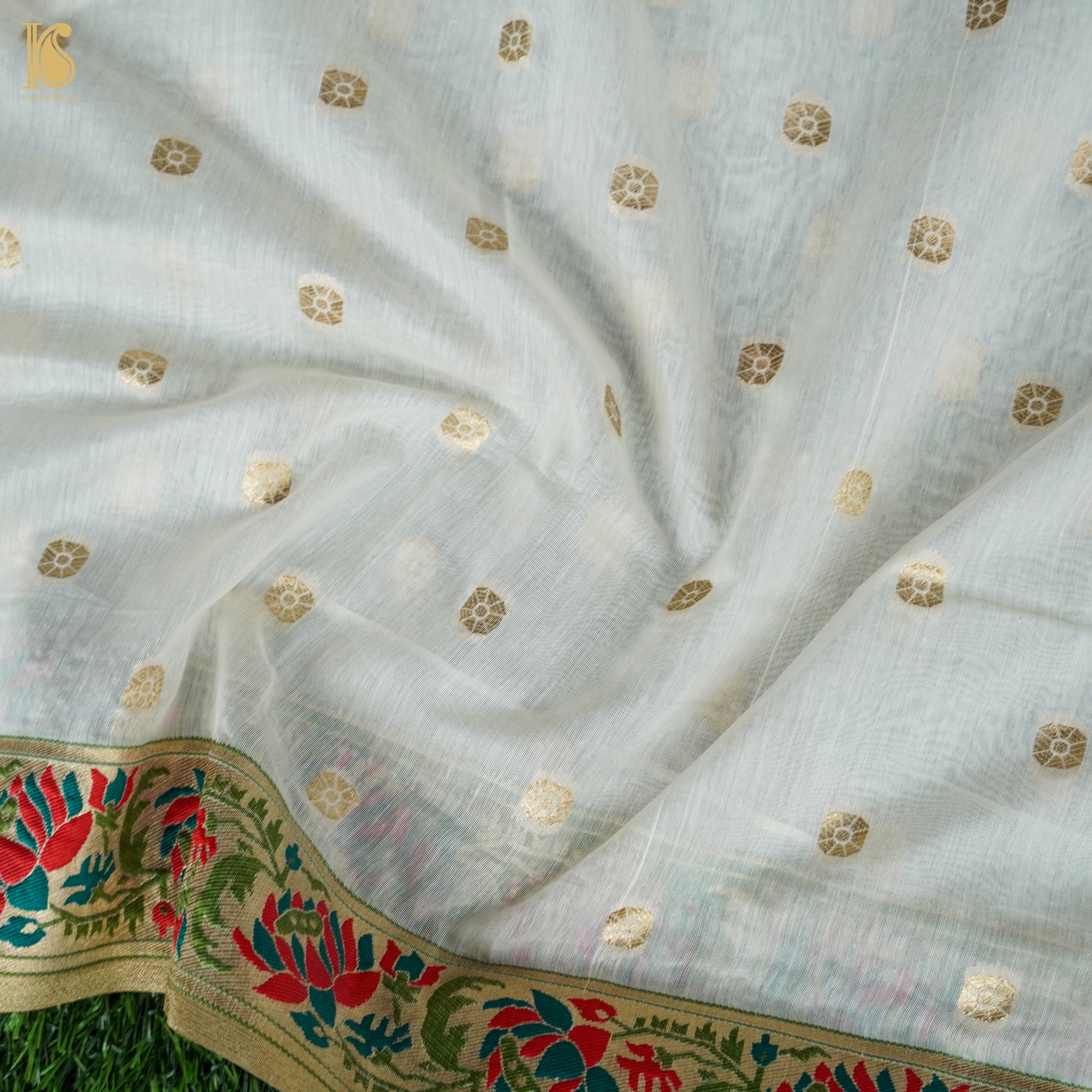 White Cotton Silk Meenakari Banarasi Suit Set - Khinkhwab