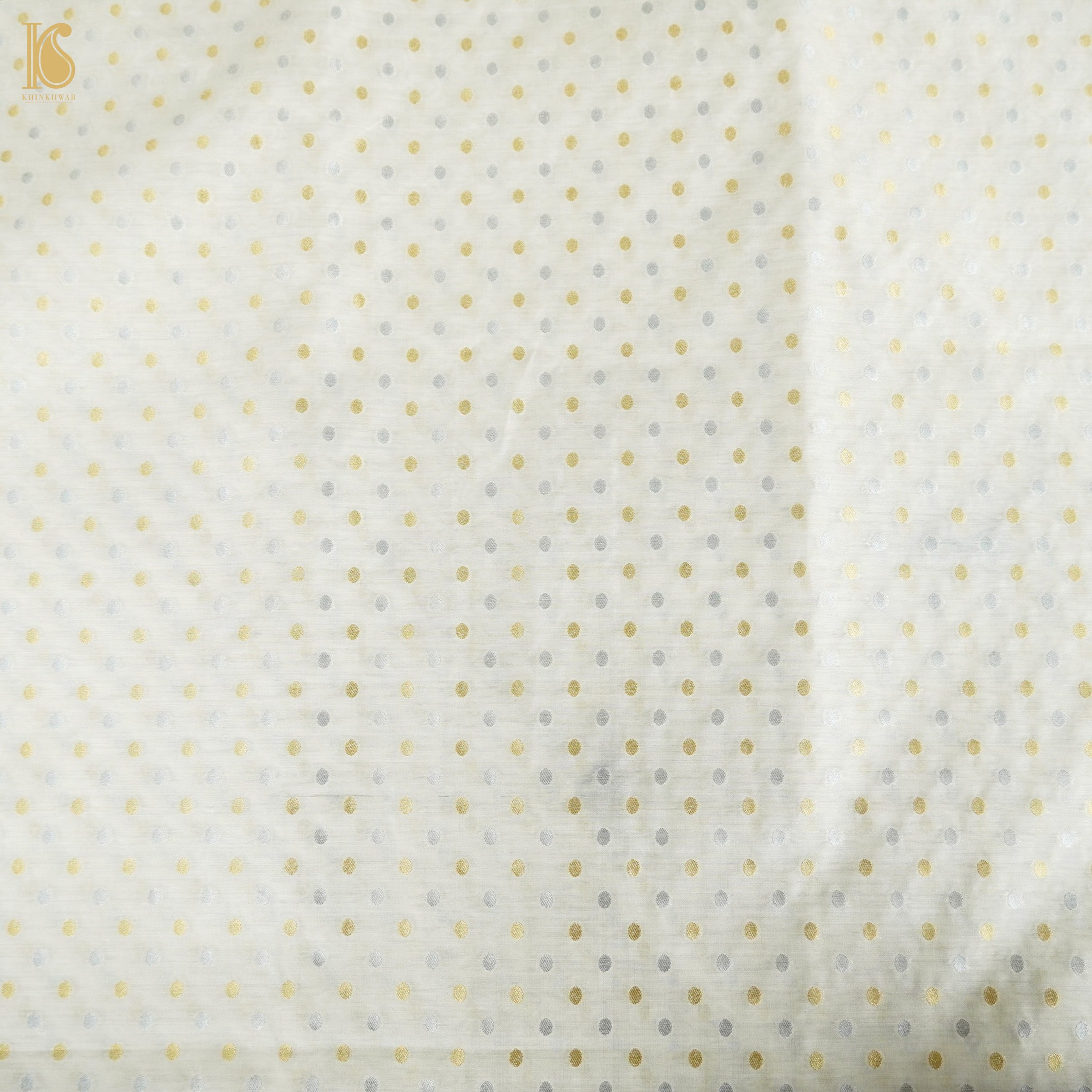 White Pure Chiniya Silk Sona Rupa Polka Banarasi Dyeable Fabric - Khinkhwab