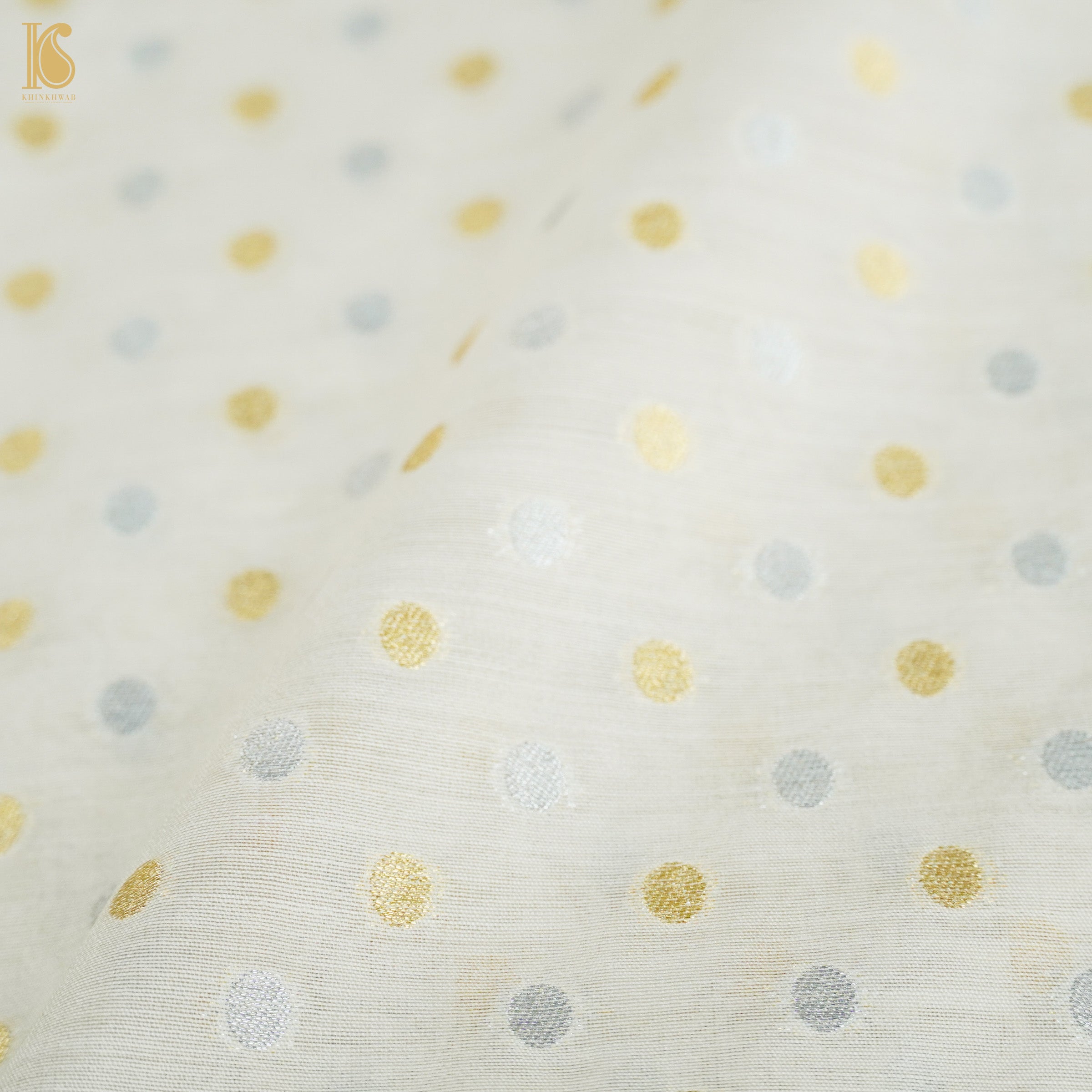 White Pure Chiniya Silk Sona Rupa Polka Banarasi Dyeable Fabric - Khinkhwab