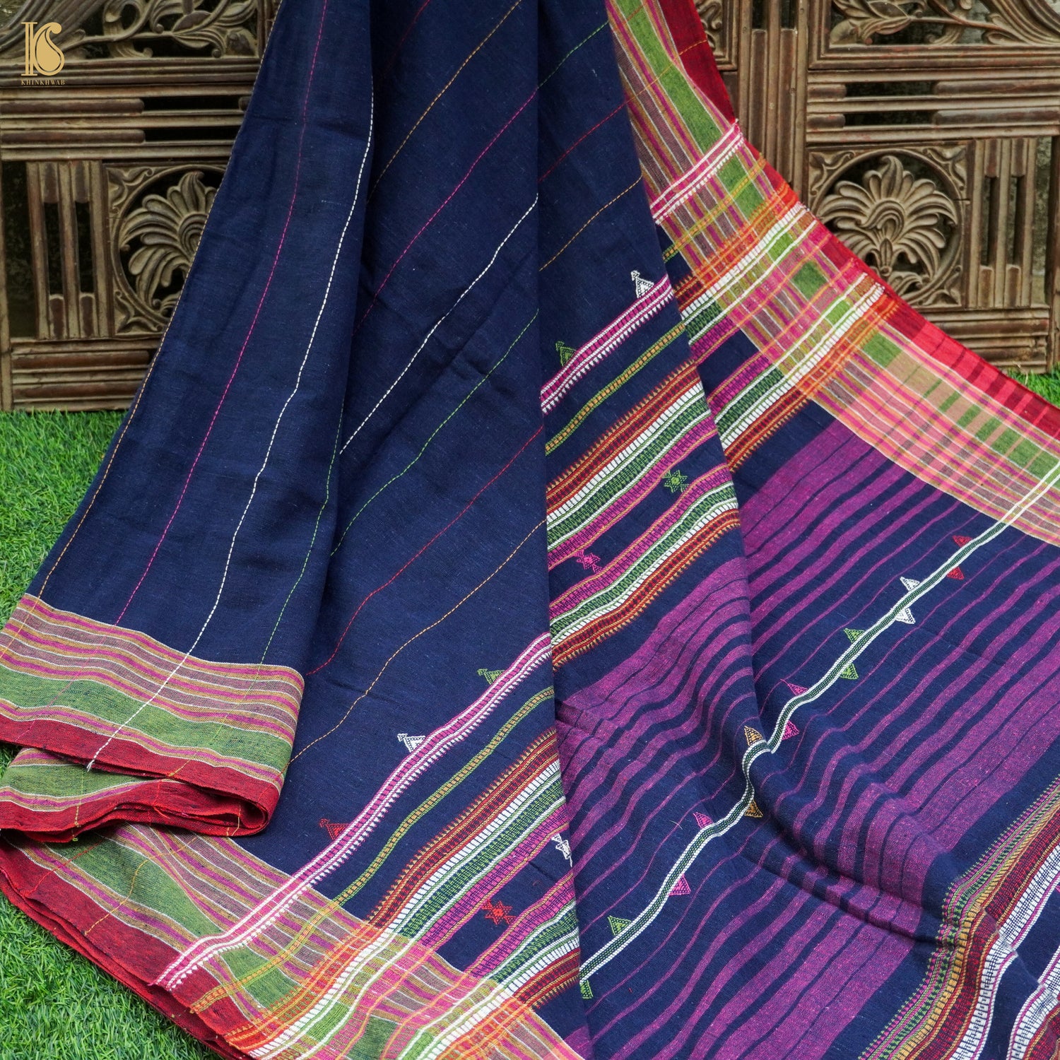 Lucky Point Blue Pure Kala Cotton Handwoven Bhujodi Saree - Khinkhwab