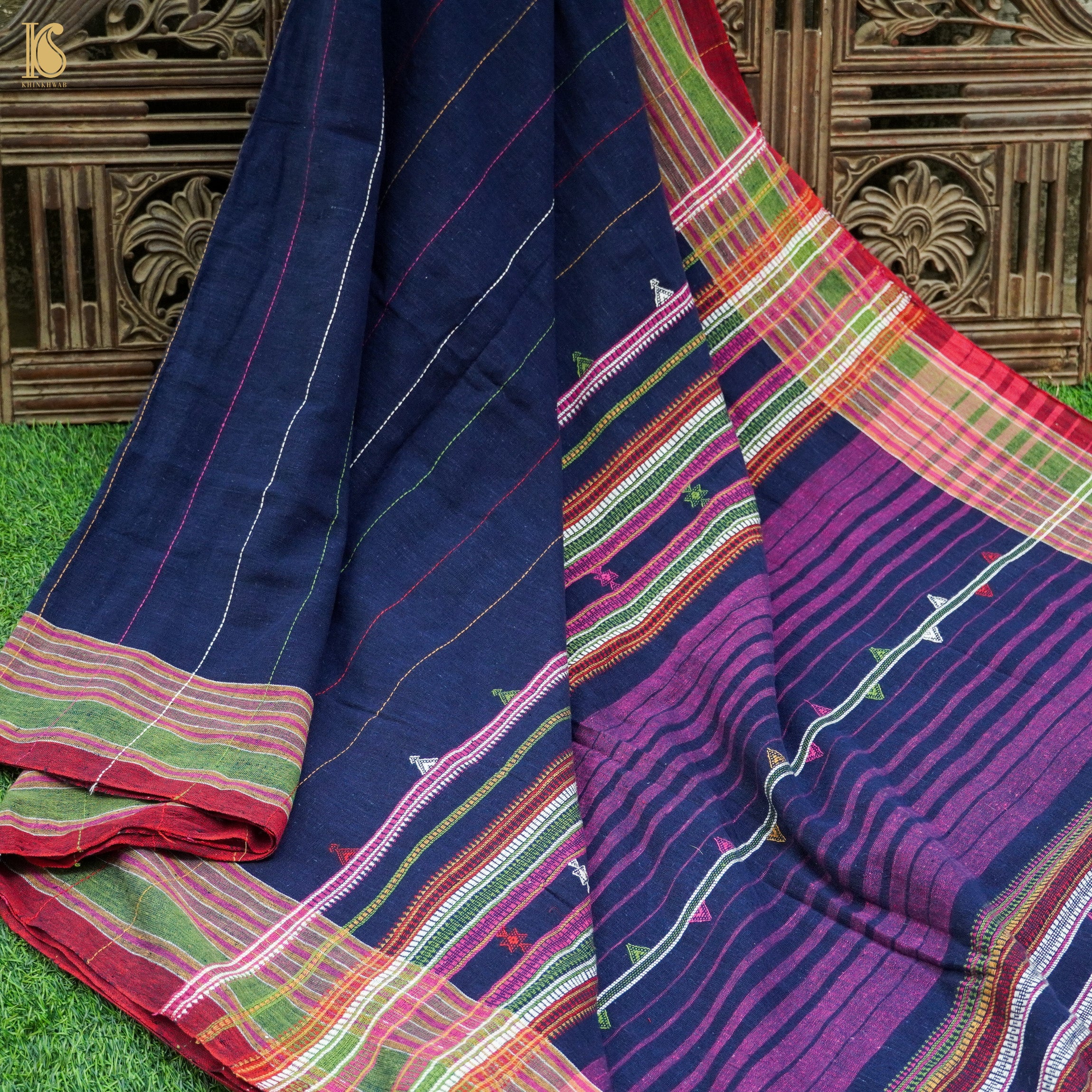 Lucky Point Blue Pure Kala Cotton Handwoven Bhujodi Saree - Khinkhwab