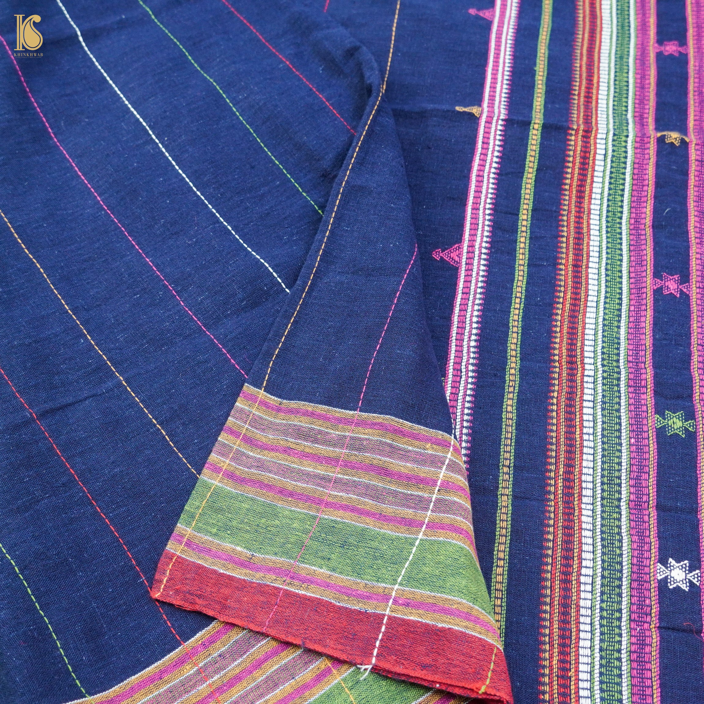 Lucky Point Blue Pure Kala Cotton Handwoven Bhujodi Saree - Khinkhwab
