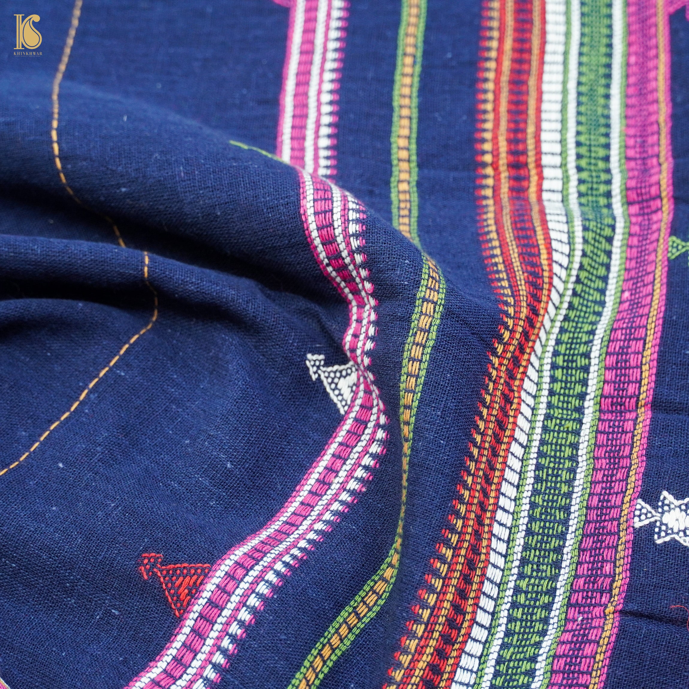 Lucky Point Blue Pure Kala Cotton Handwoven Bhujodi Saree - Khinkhwab