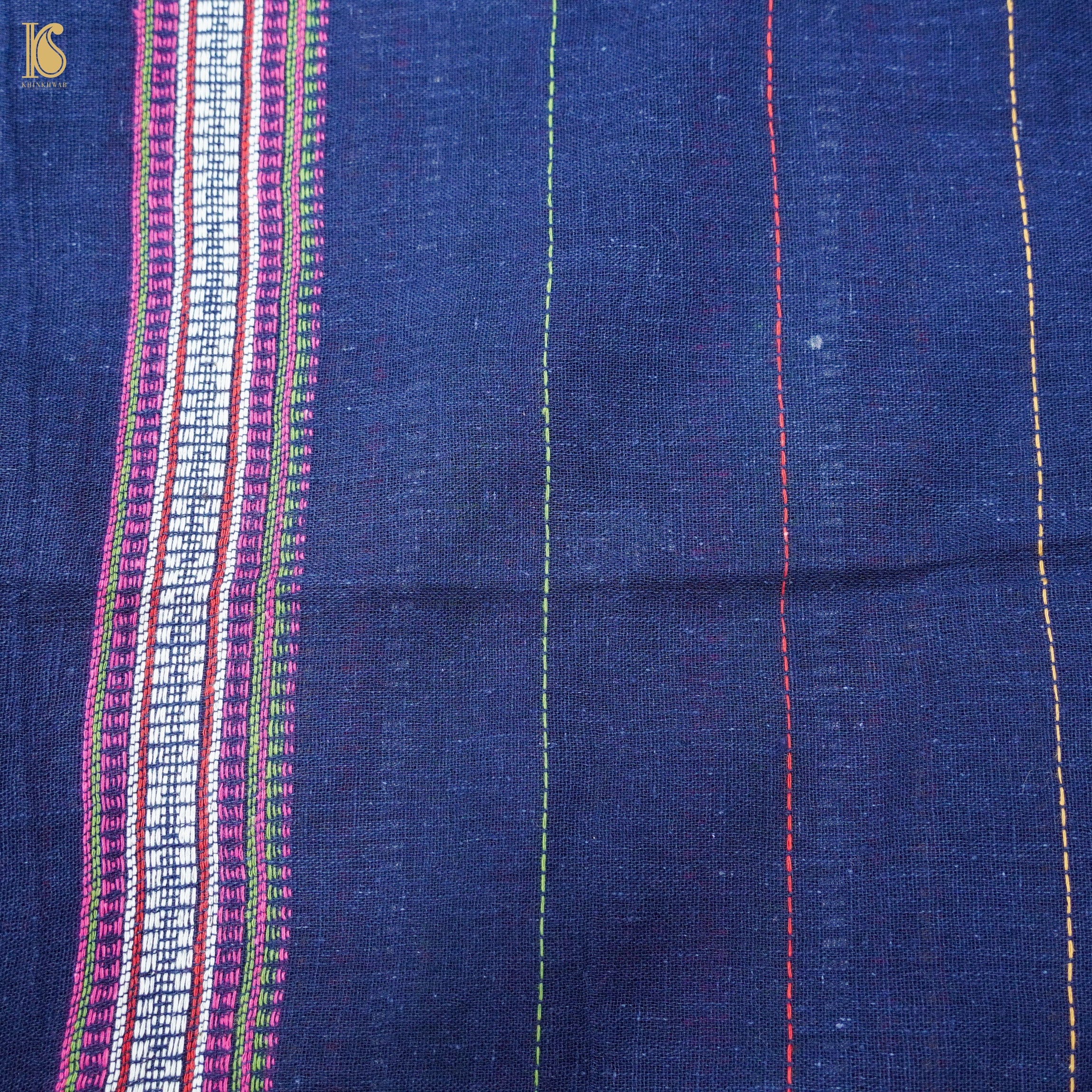 Lucky Point Blue Pure Kala Cotton Handwoven Bhujodi Saree - Khinkhwab